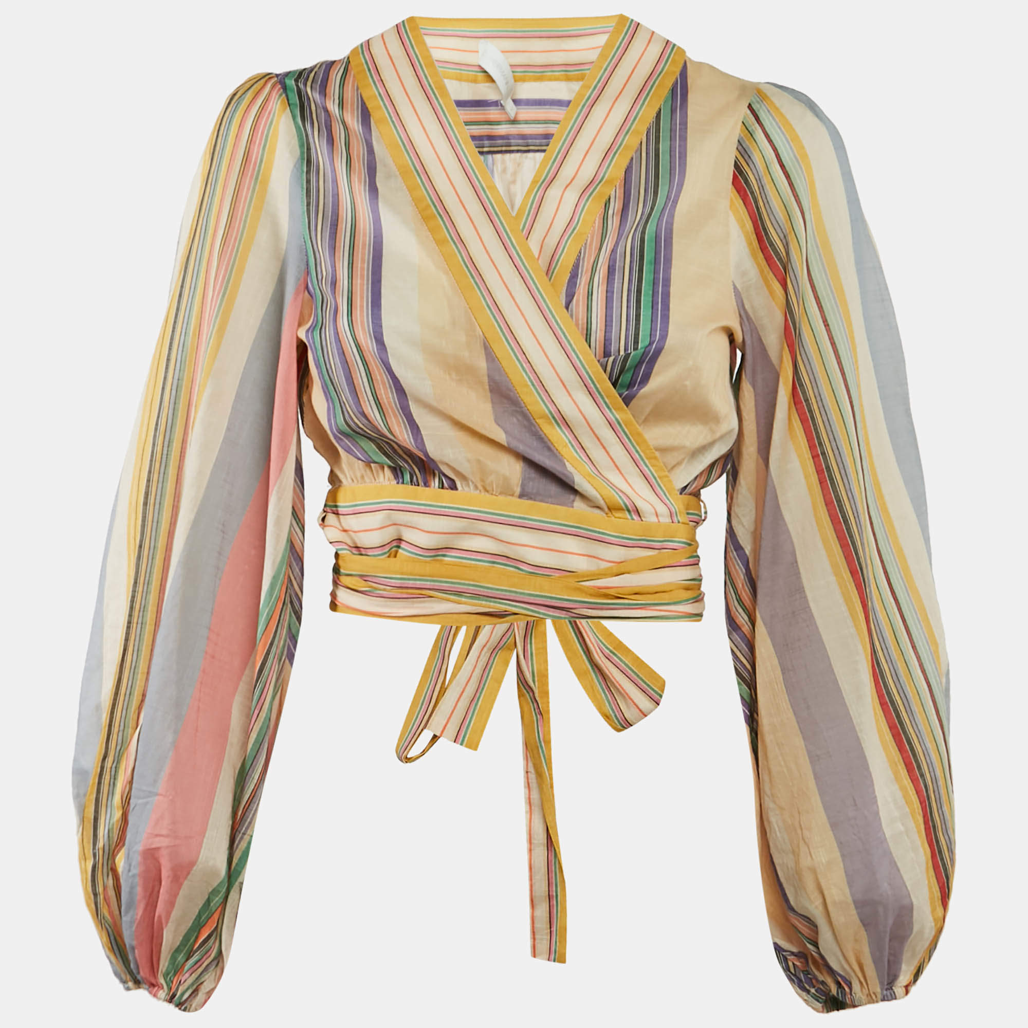 Pre Owned Zimmermann Yellow Striped Cotton Wrap Crop Top M