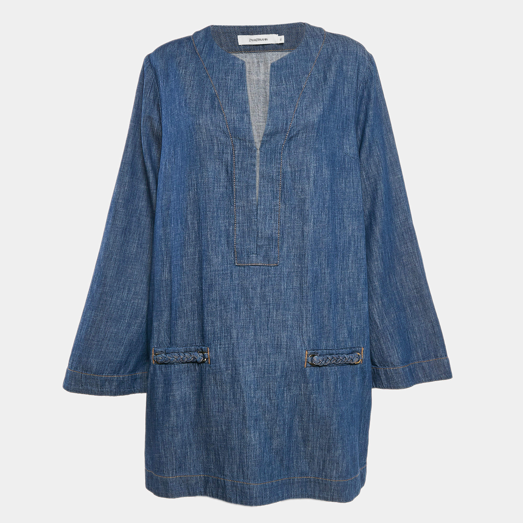 Pre Owned Zimmermann Blue Denim Wylie Braid Detail Mini Dress XL