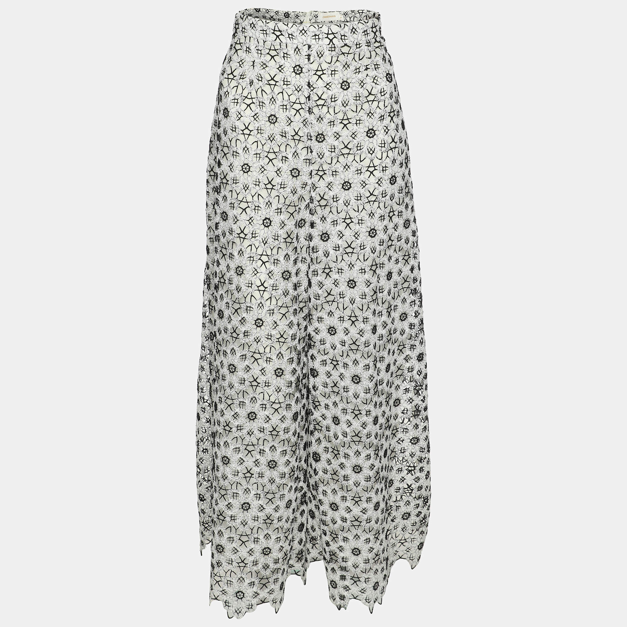 Pre Owned Zimmermann Black/White Empire Guipure Lace Wide Leg Pants L