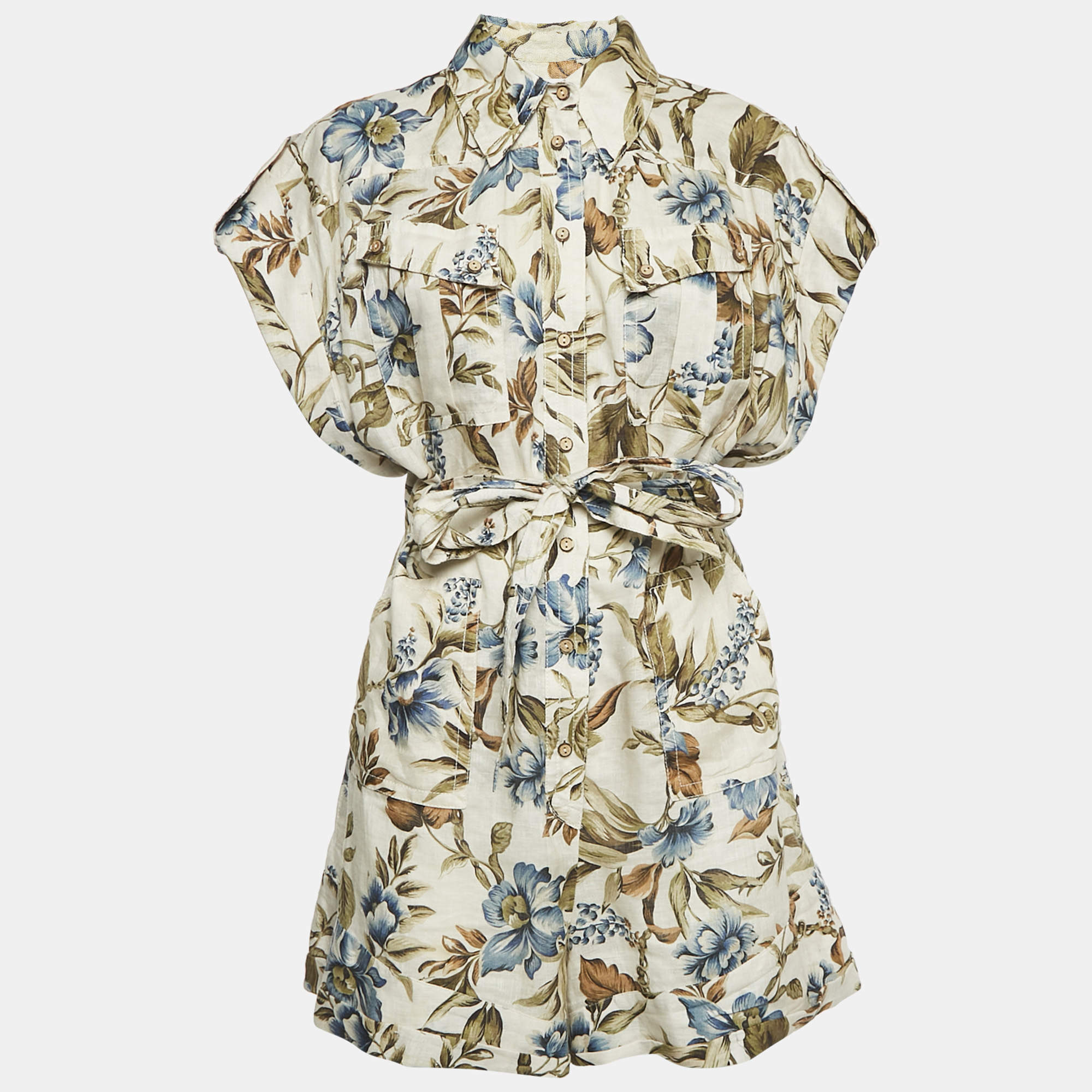 Pre Owned Zimmermann Beige Floral Print Linen Belted Playsuit M