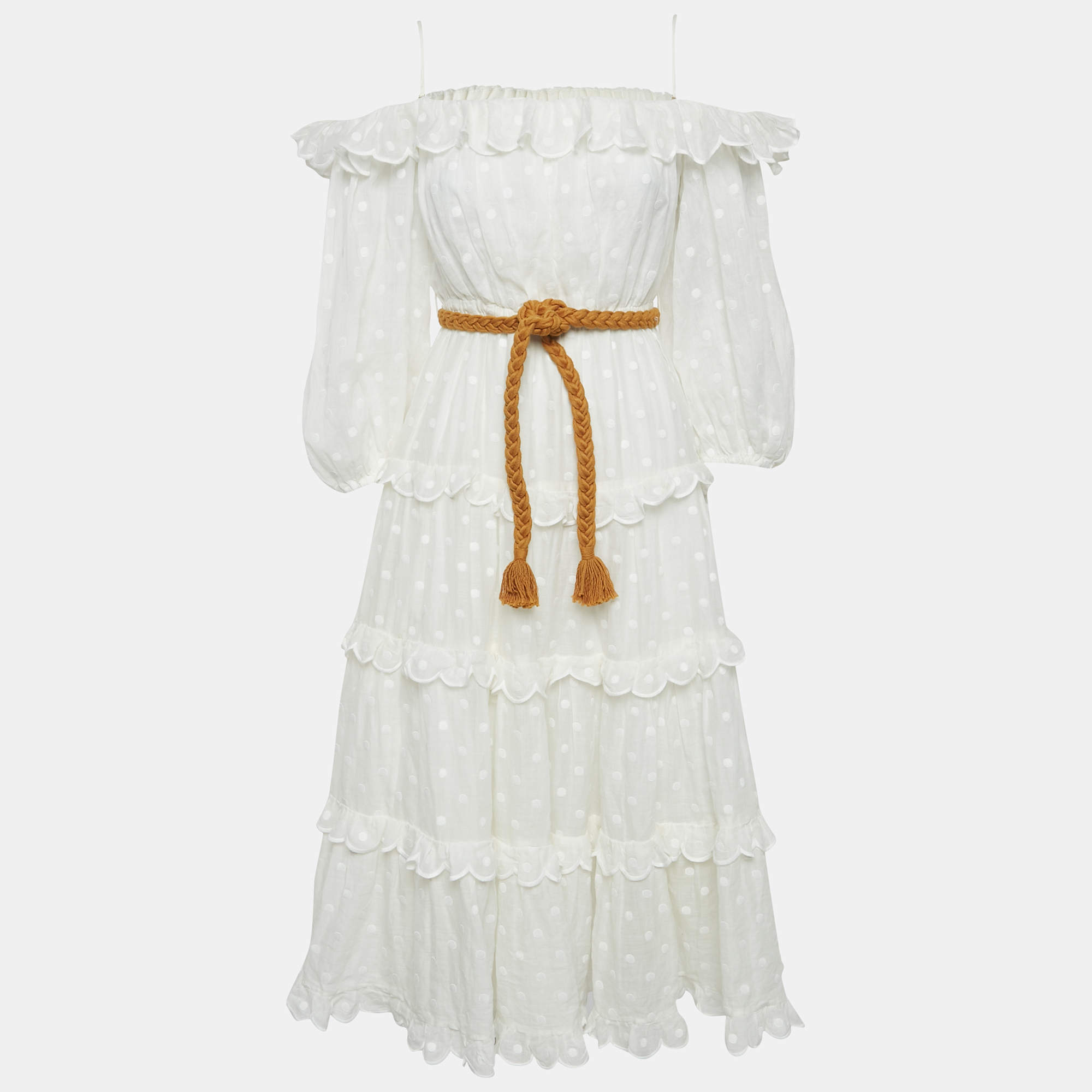 Zimmermann White Polka Dot Ramie Tiered Midi Dress M