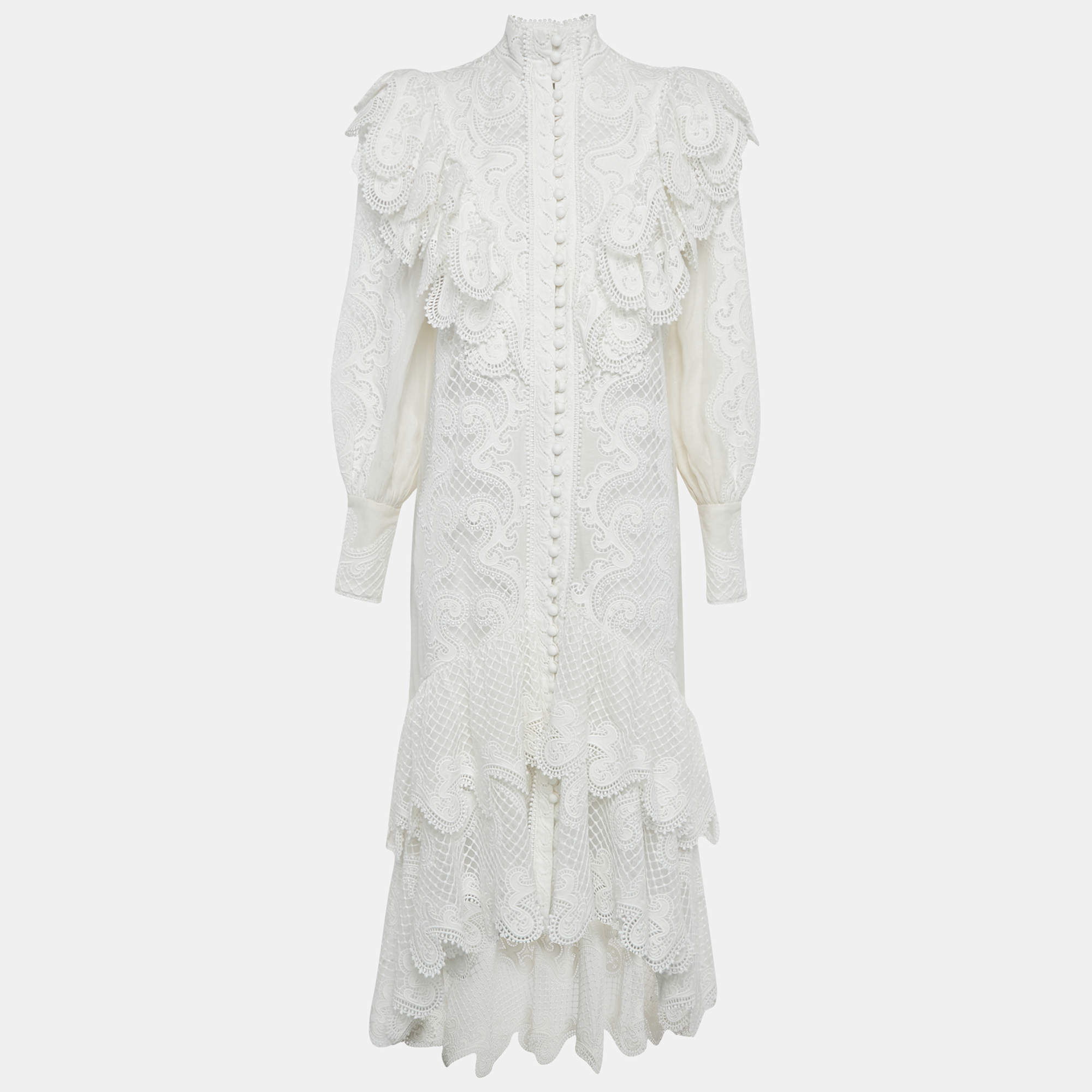 Zimmermann White Wave Lace Linen Tiered Midi Dress M