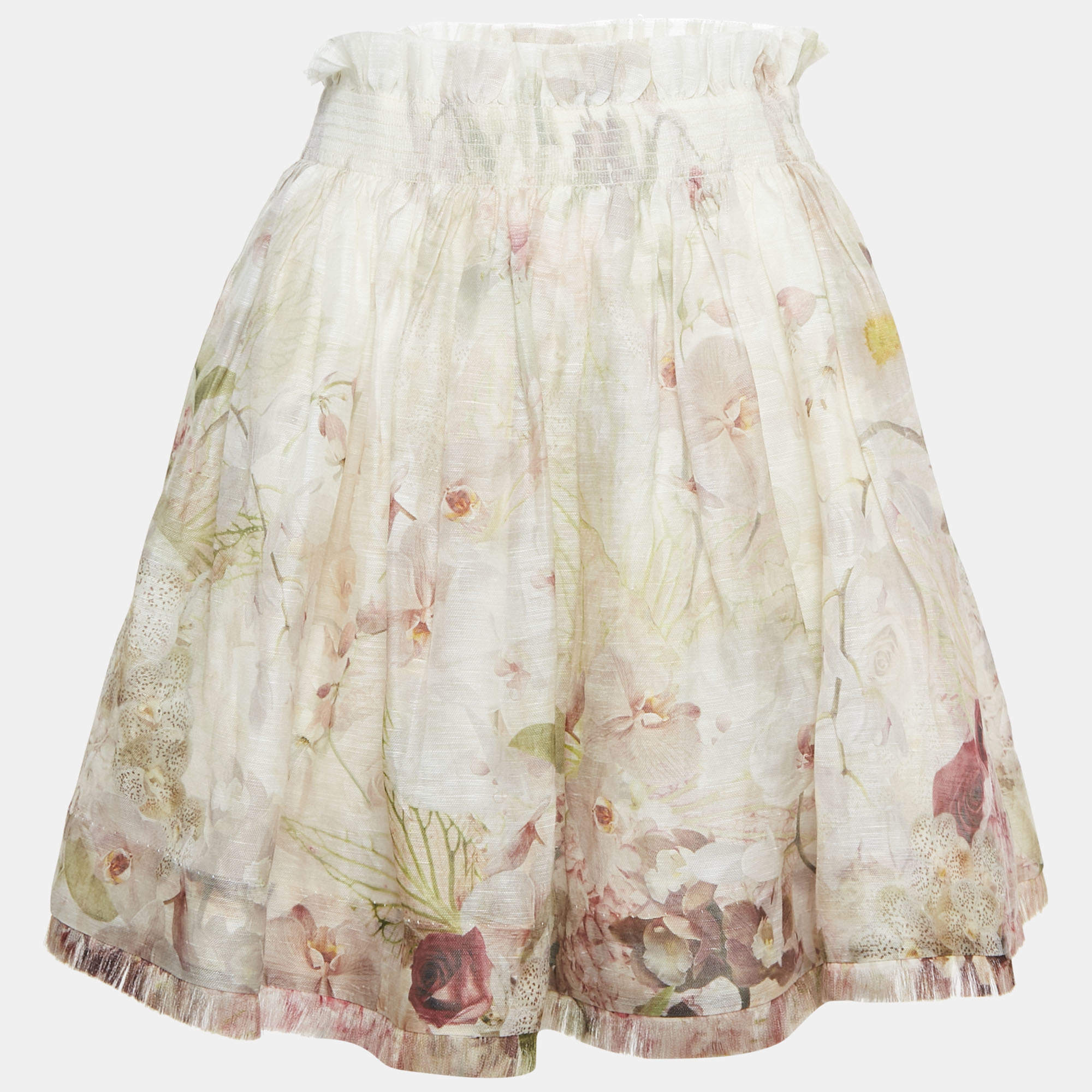 Pre Owned Zimmermann Multicolor Floral Print Linen Blend Raw Edge Detail Short Skirt S