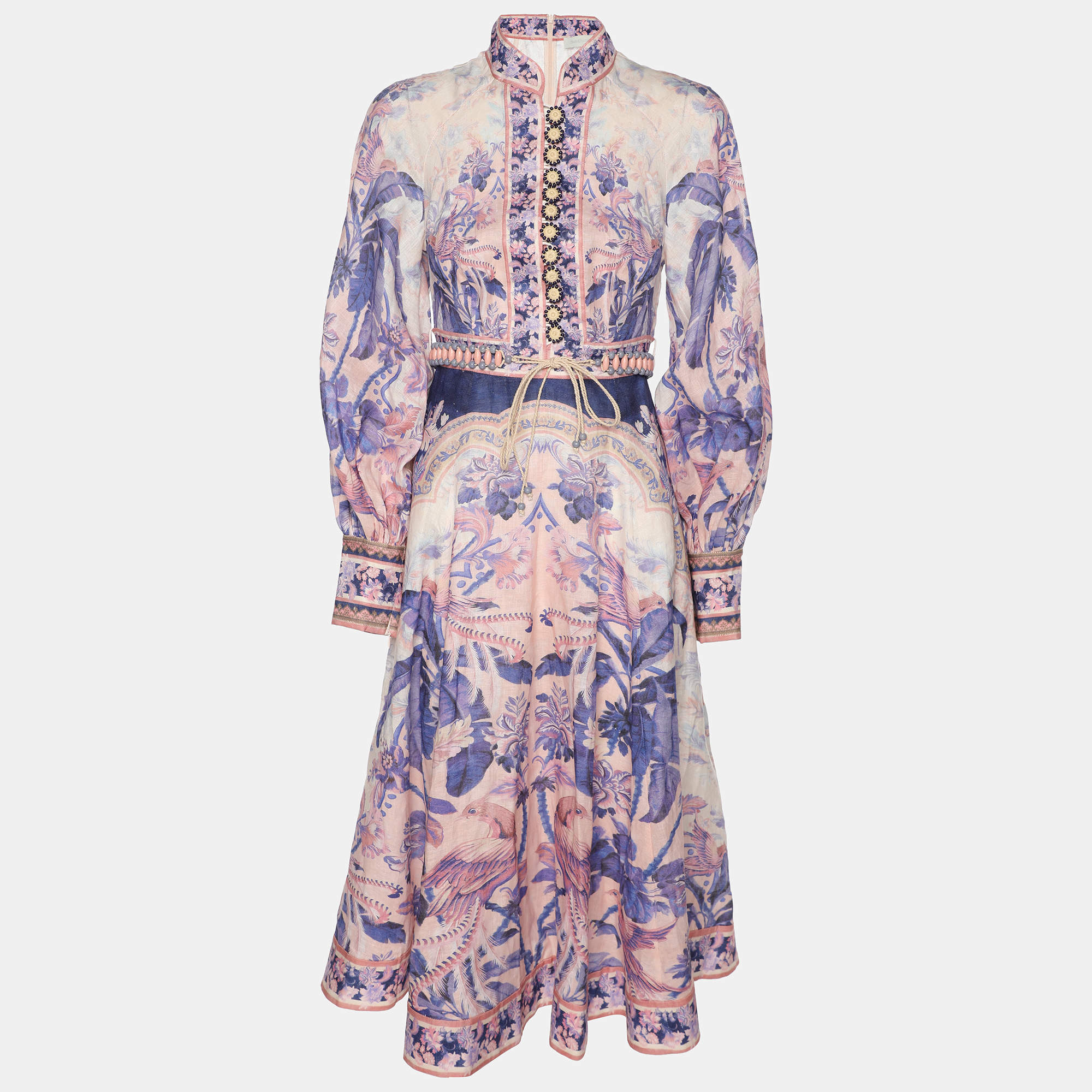 مملوكة مسبقًا Zimmerman Multicolor Linen Lyre Billow Sleeve Midi Dress XS