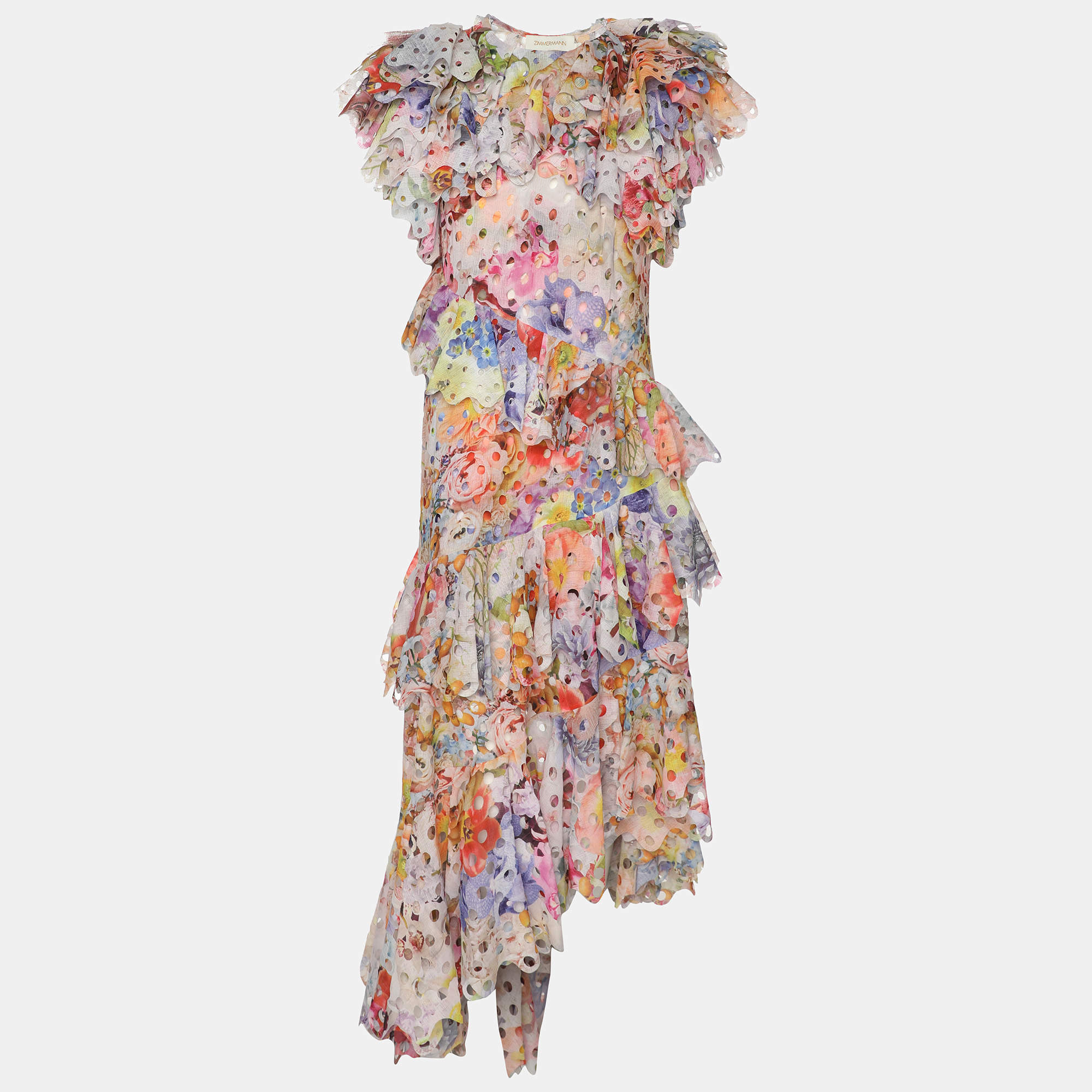 Pre Owned Zimmermann Multicolor Floral Print Laser-Cut Gauze Frilled Prima Gown S