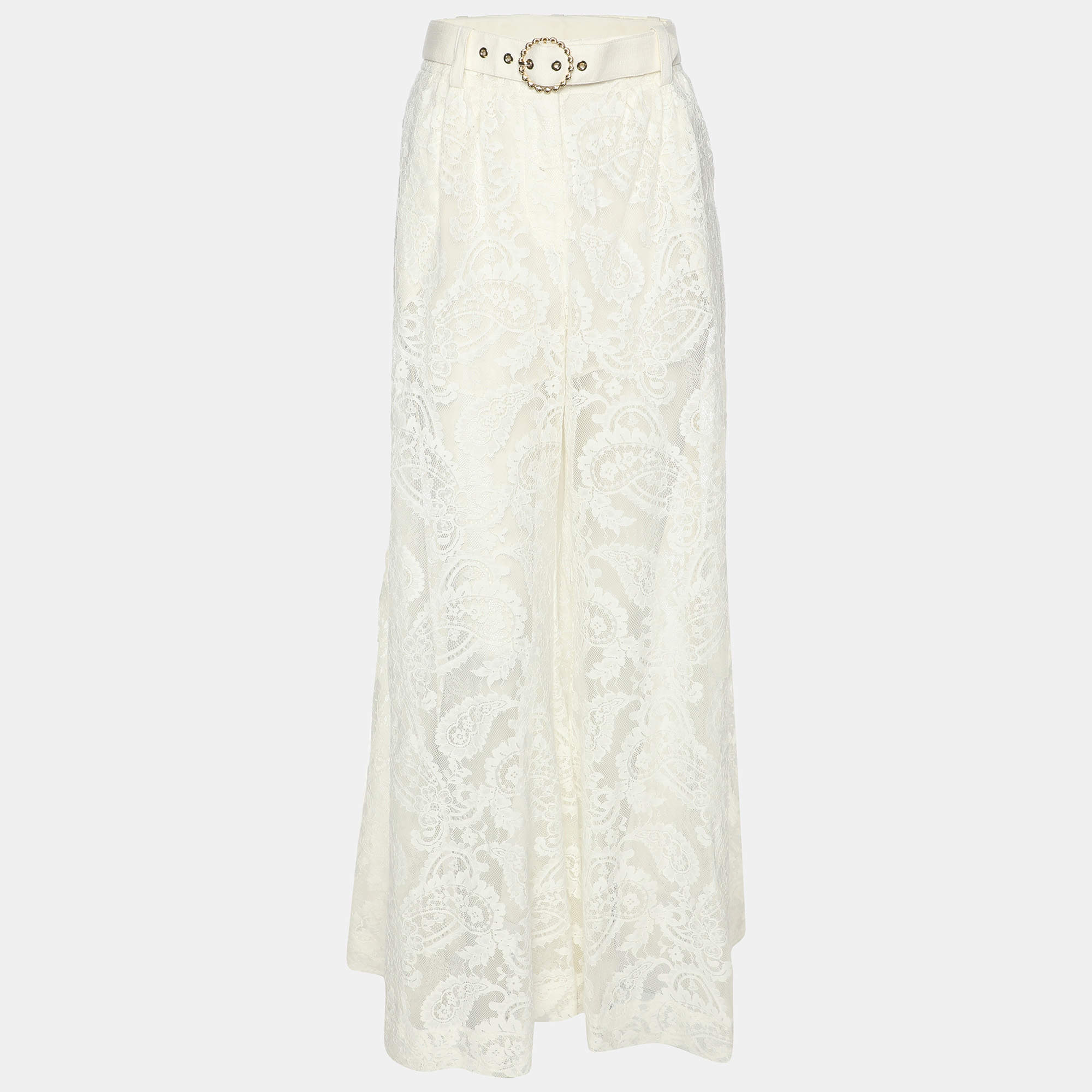 Pre Owned Zimmermann White Lace Wonderland Wide Leg Pants XS
