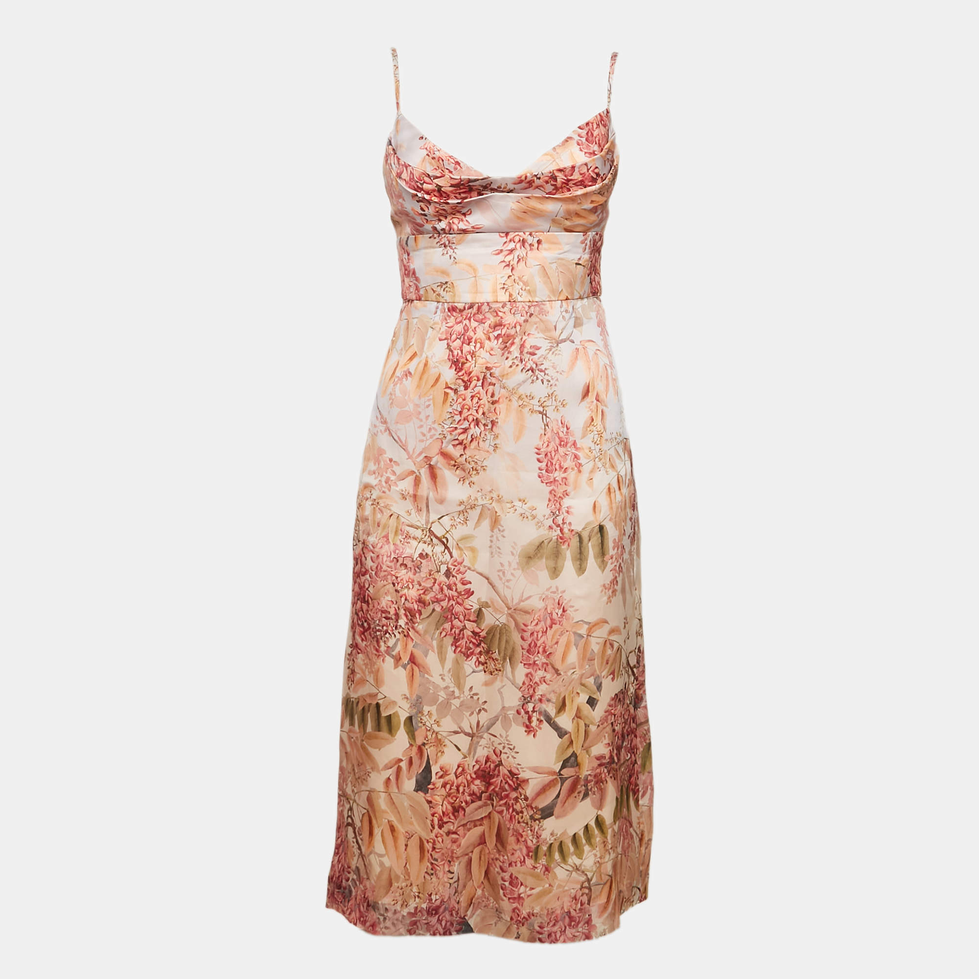 Pre Owned Zimmermann Pink Floral Print Organza Silk Midi Dress M