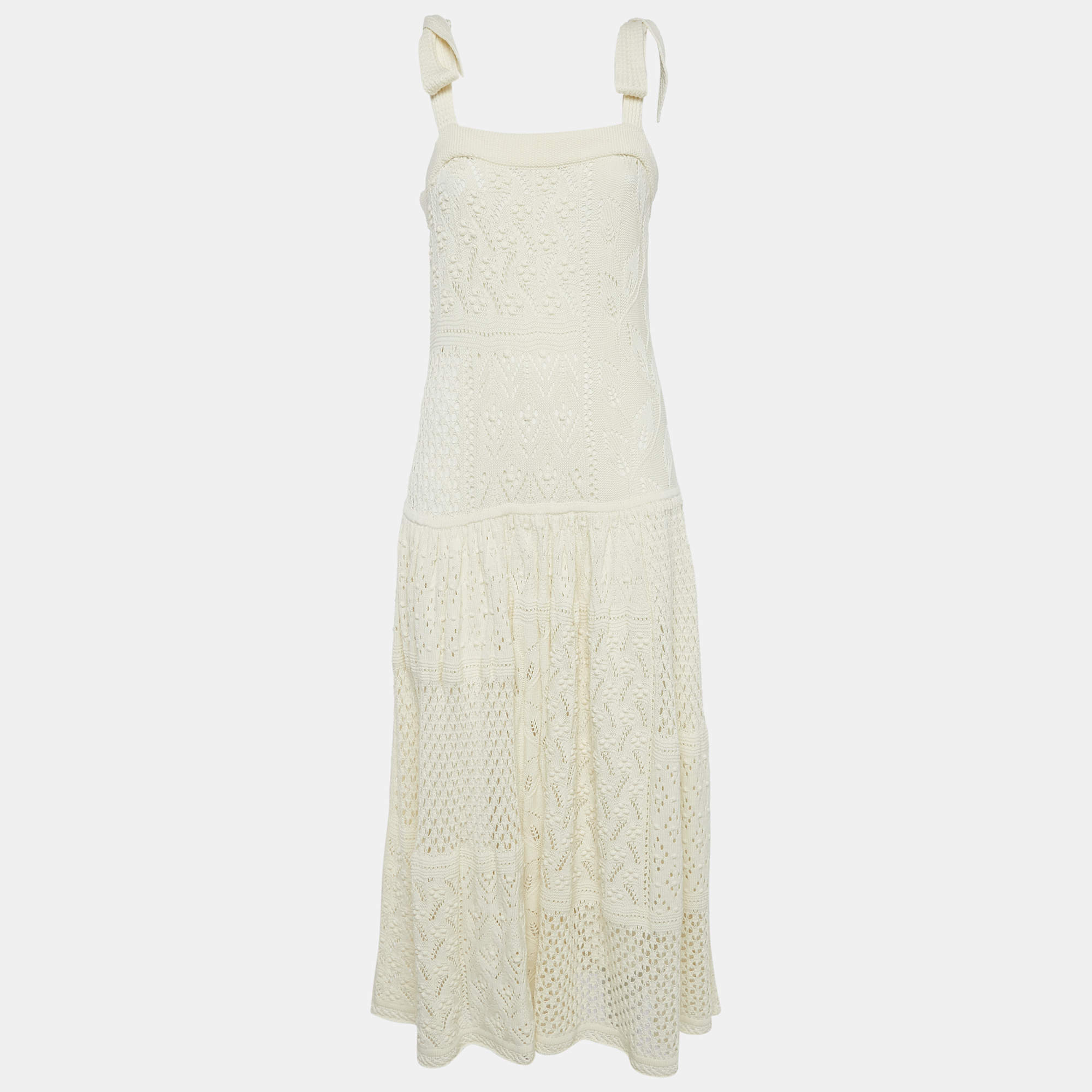 مملوكة مسبقًا Zimmermann Cream Crochet Knit Tie-Up Sleeve Midi Dress L