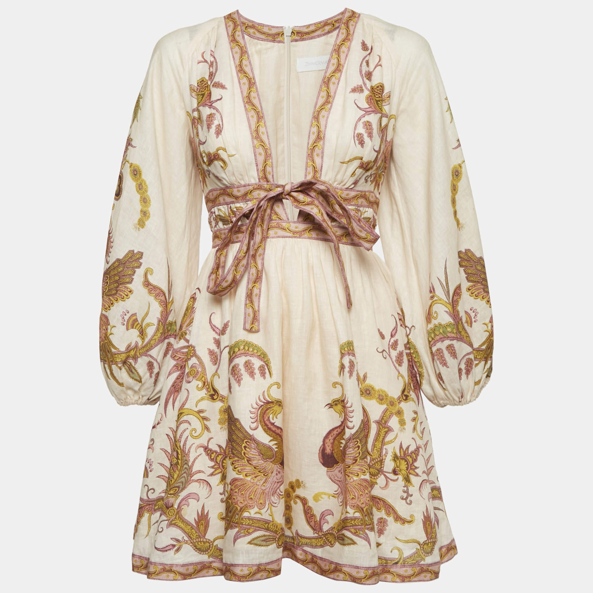 مملوكة مسبقًا فستان زيمرمان كتان مطبوع وردي خوخي قصير جداً مقاس صغير جداً - إكس سمول