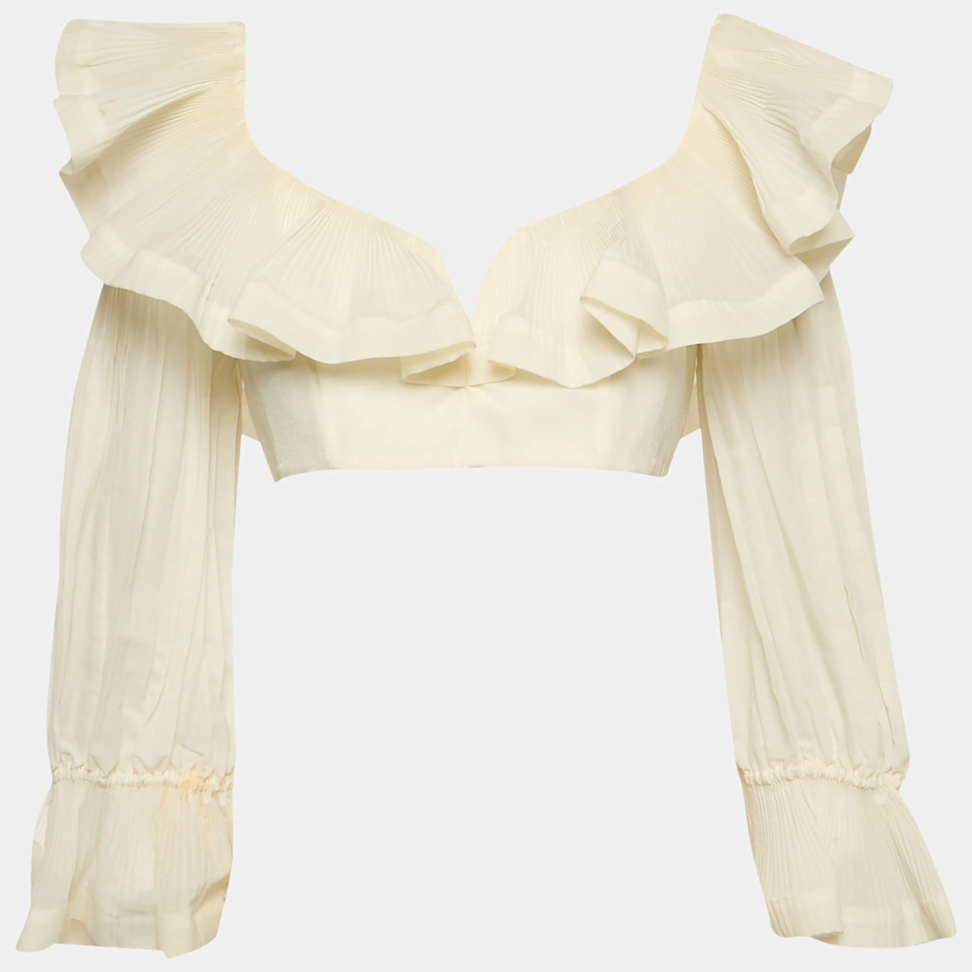 Pre Owned Zimmermann White Crepe Ruffled The Lovestruck Crop Top L