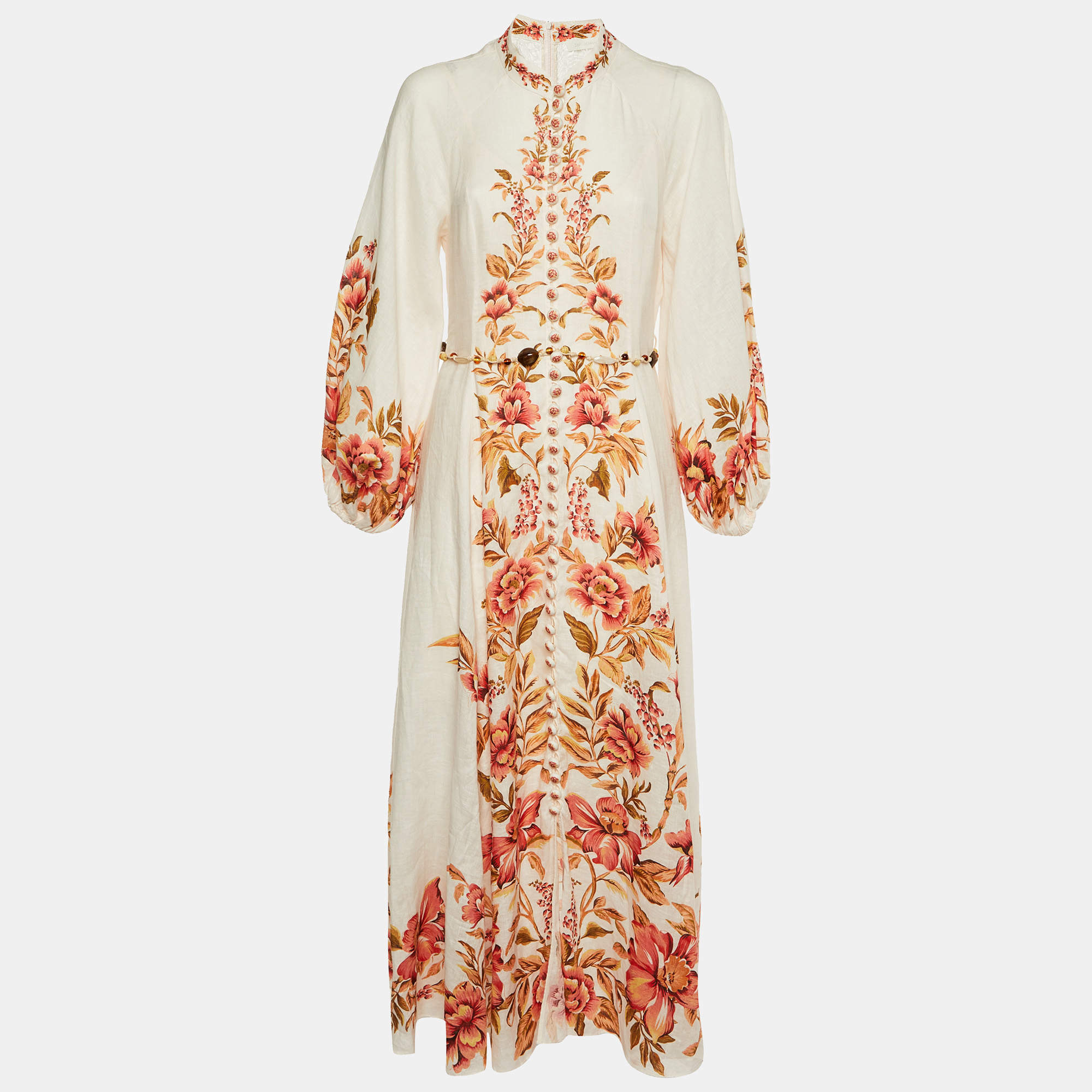 Pre Owned Zimmermann Light Pink Floral Pink Linen Vacay Billow Long Dress M