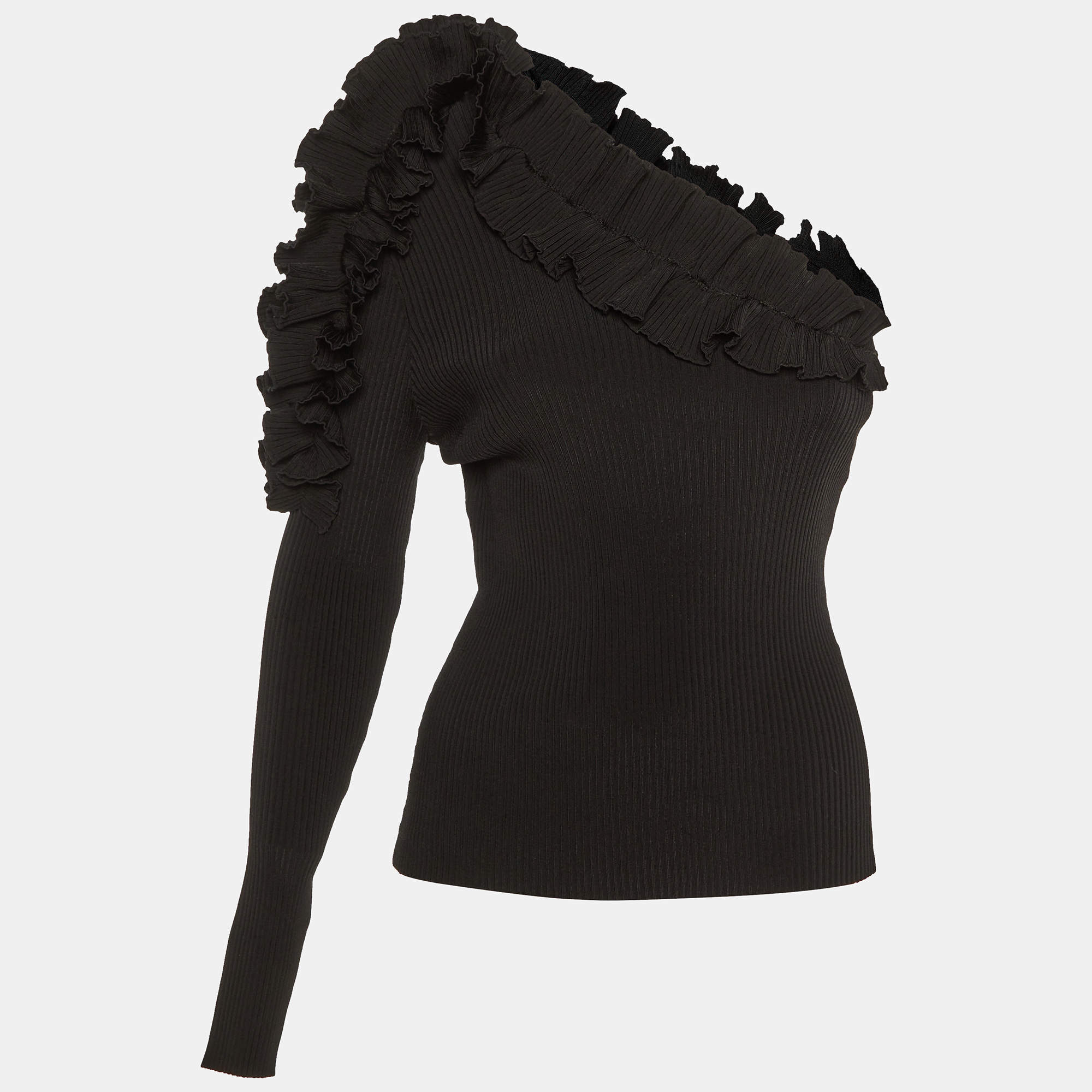 Pre Owned Zimmermann Black  Ruffle Detail Rib Knit One Shoulder Top M