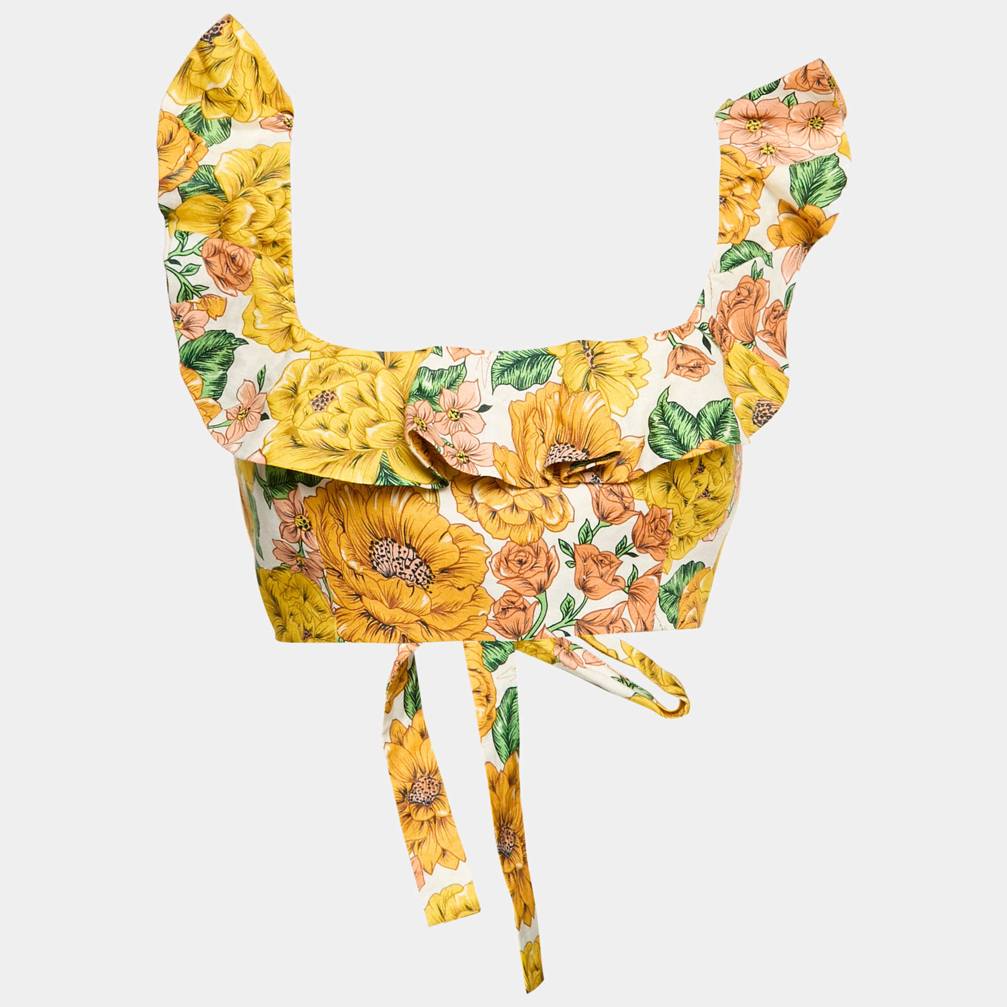 Zimmermann Multicolor/Yellow Poppy Floral Print Linen Tie-Up Crop Top L