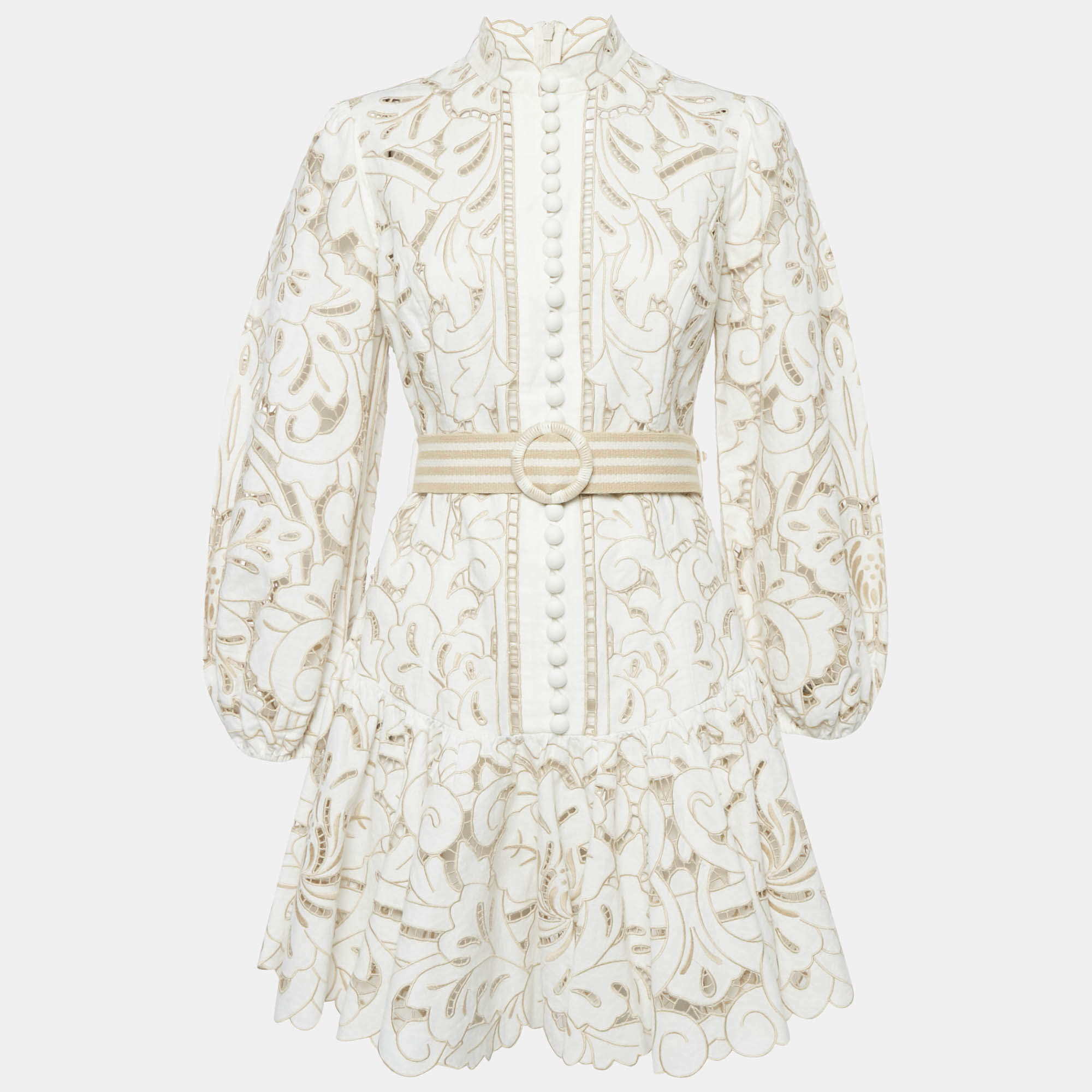 Pre Owned Zimmermann White Floral Broderie Anglaise Linen Belted Mini Dress M
