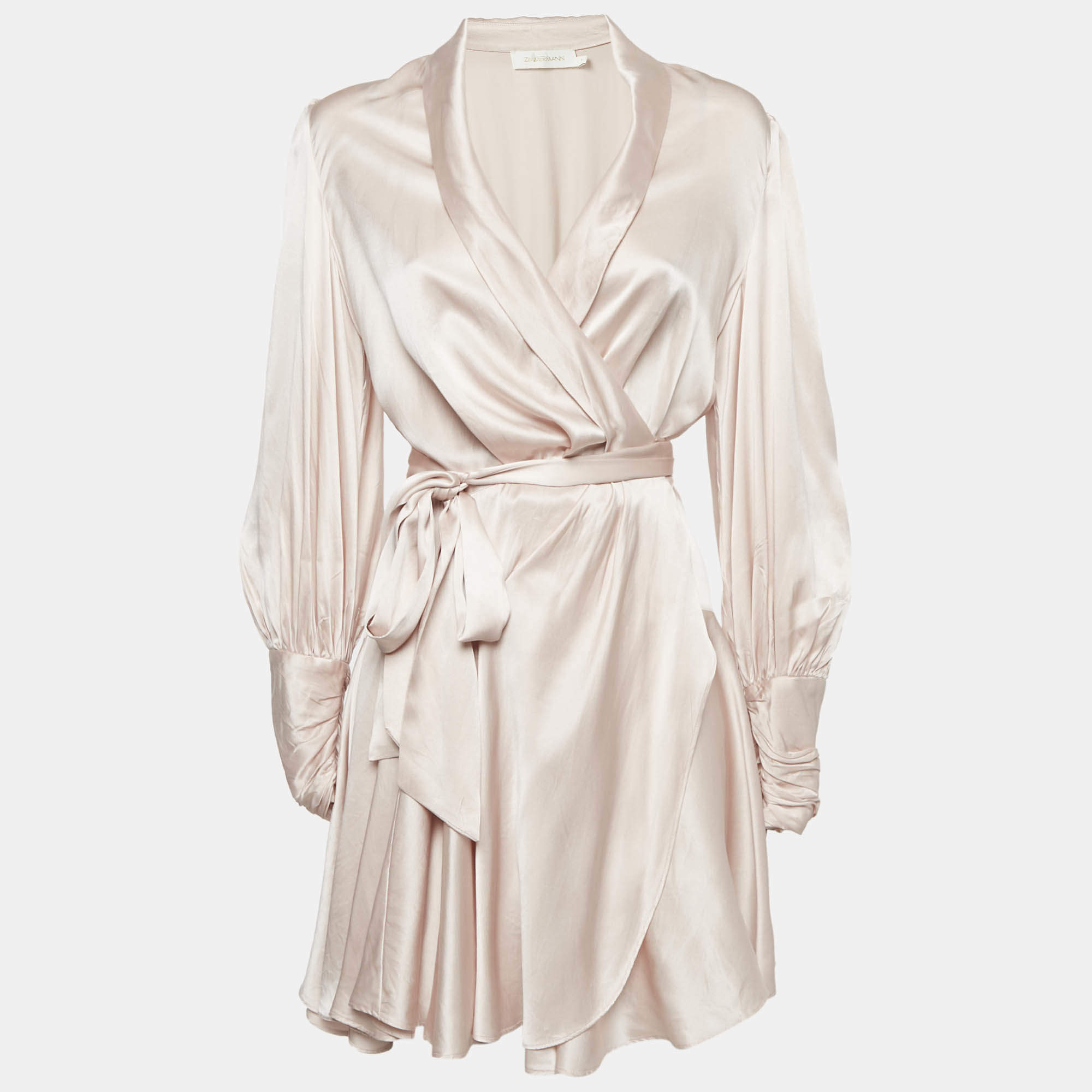 مملوكة مسبقًا Zimmermann Beige Satin Silk Blouson Sleeve Mini Wrap Dress M