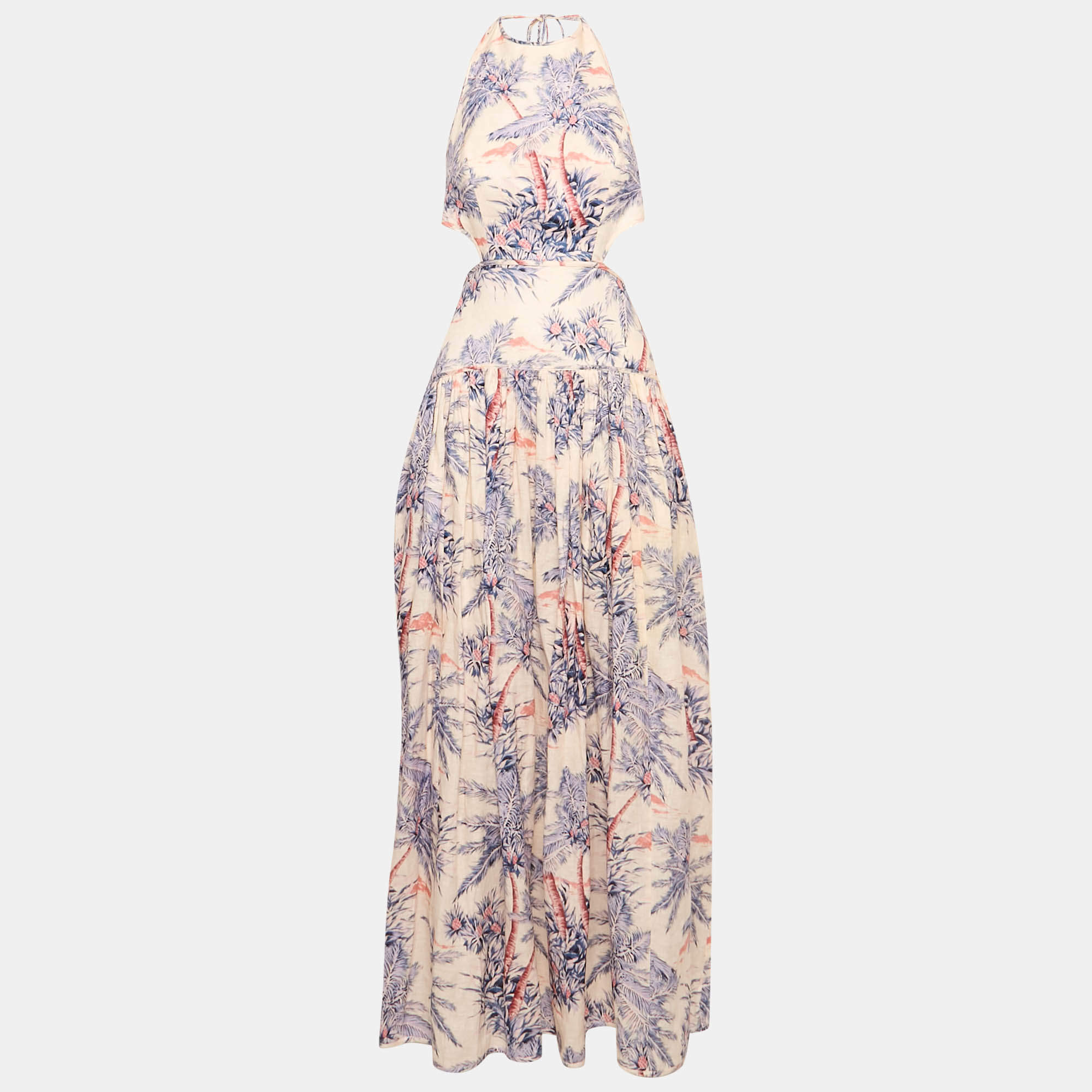 Zimmermann Pink Tree Print Linen Cut-Out Halter Neck Cira Maxi Dress M