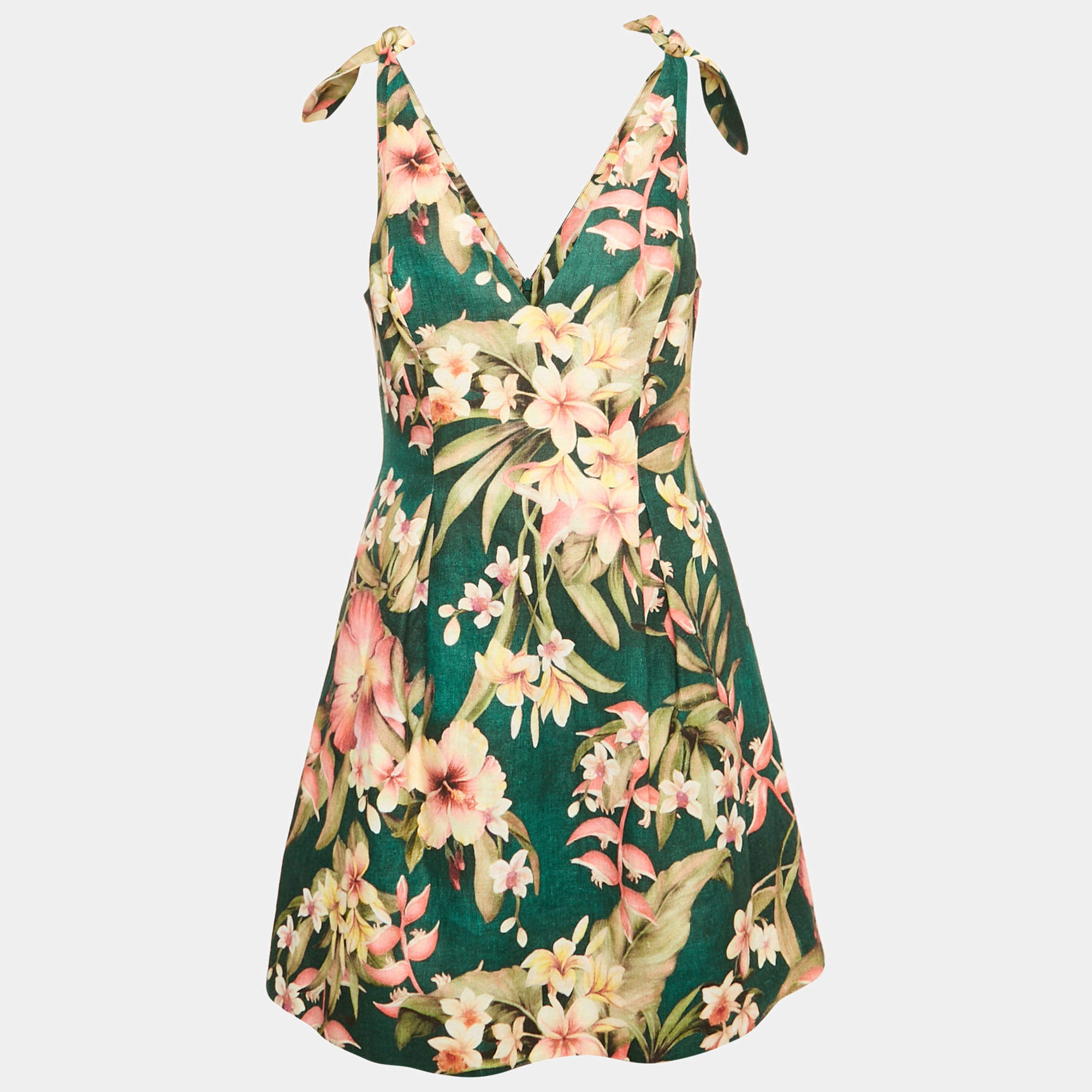 Pre Owned Zimmermann Green Floral Print Linen Tie-Up Detail Lexi Mini Dress M