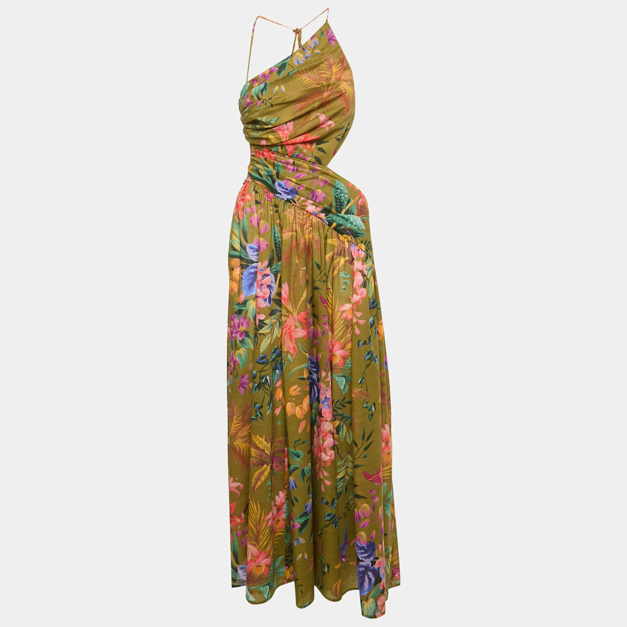 Zimmermann Green Tropical Print Cotton Asymmetric Long Dress M