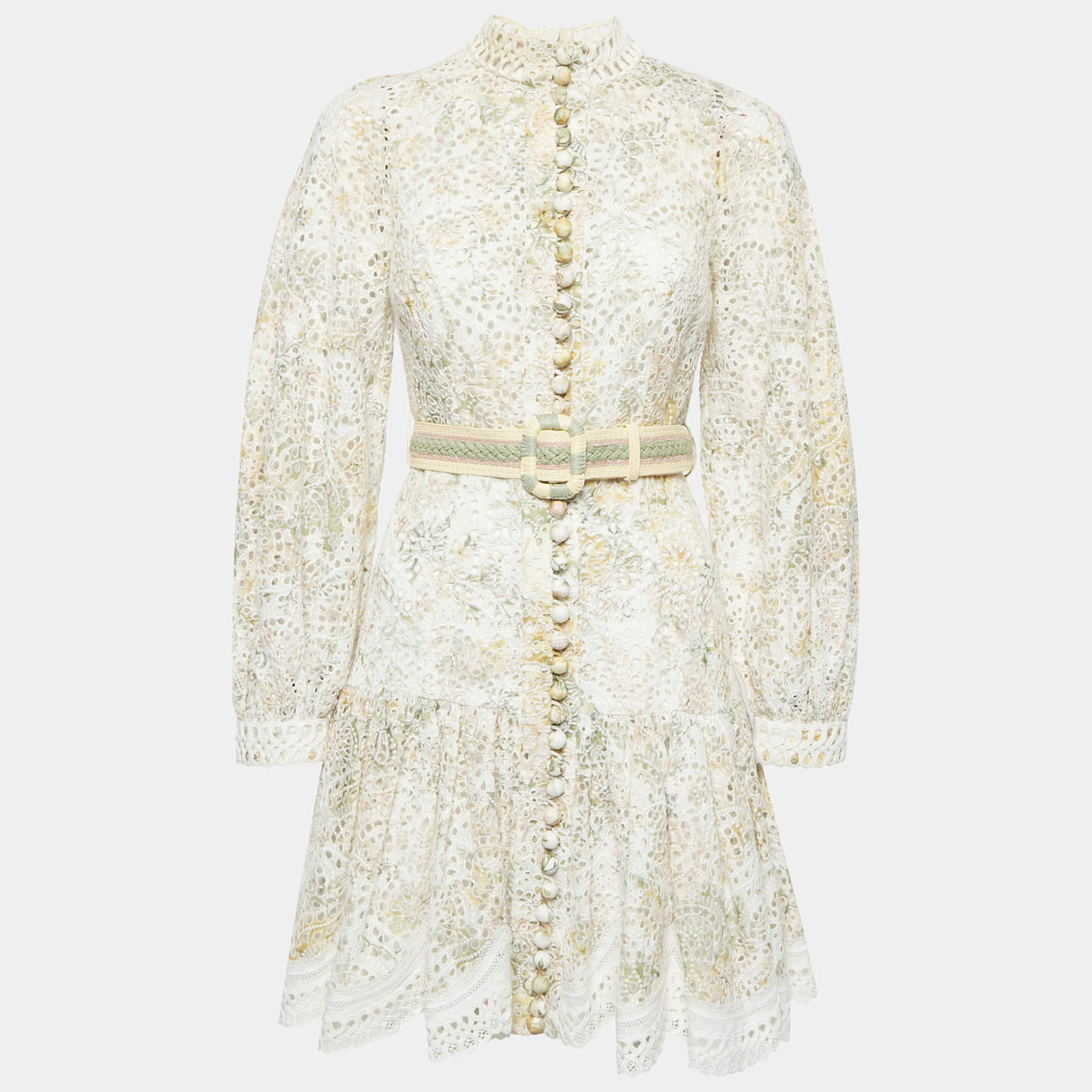 Pre Owned Zimmermann Beige Floral Broderie Anglaise Linen Mini Dress M