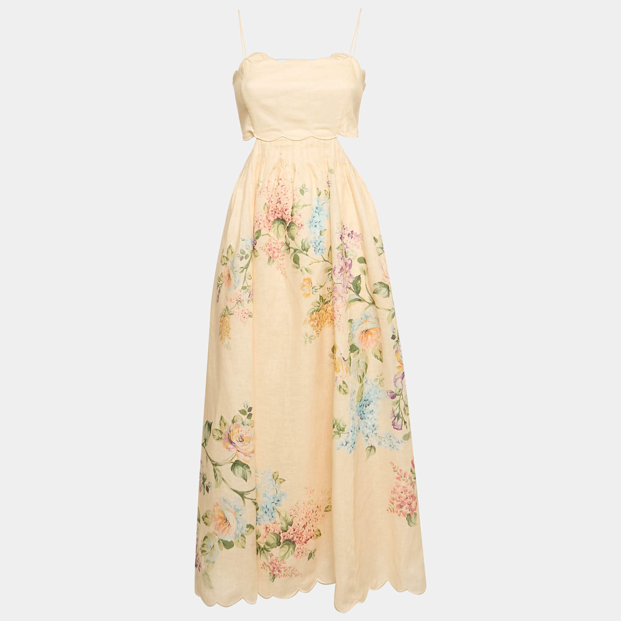 Zimmermann Peach/Orange Floral Print Scallop Detail Halliday Midi Dress M