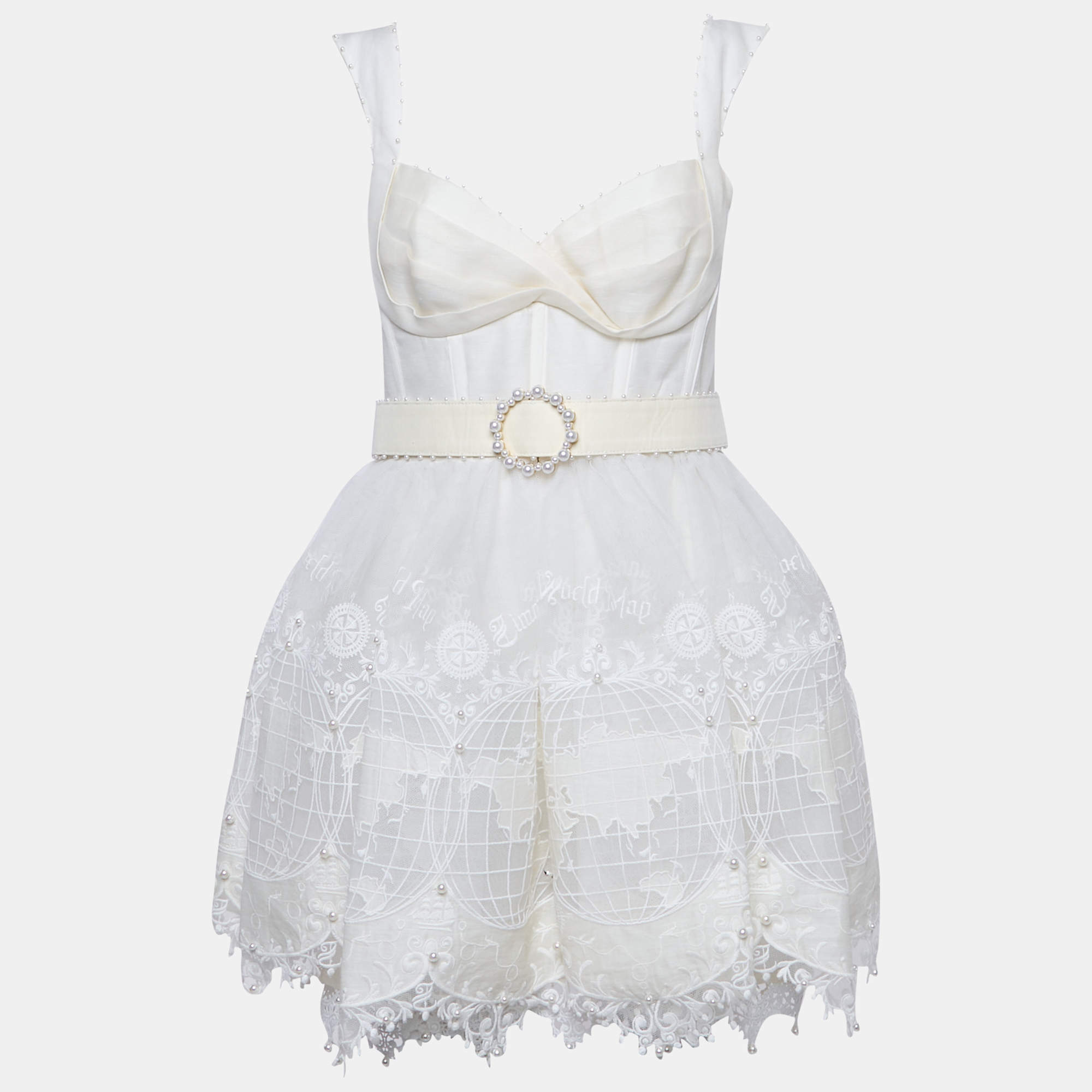 Zimmermann White Map Embroidered Tulle and Linen High-Tide Mini Dress M