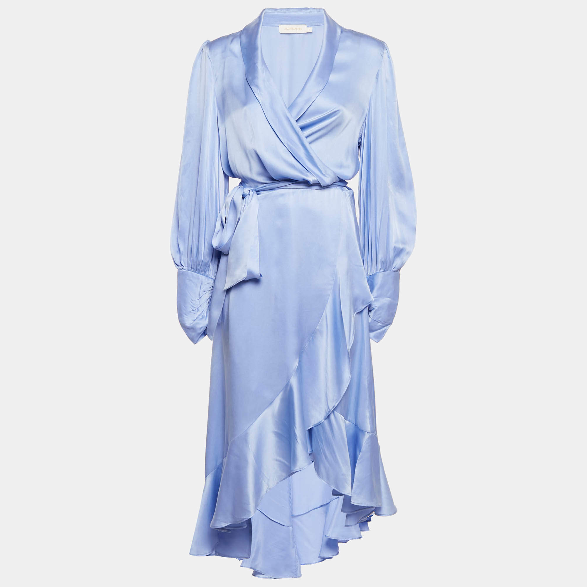 Zimmermann Blue Satin Silk Ruffled Wrap Dress XL