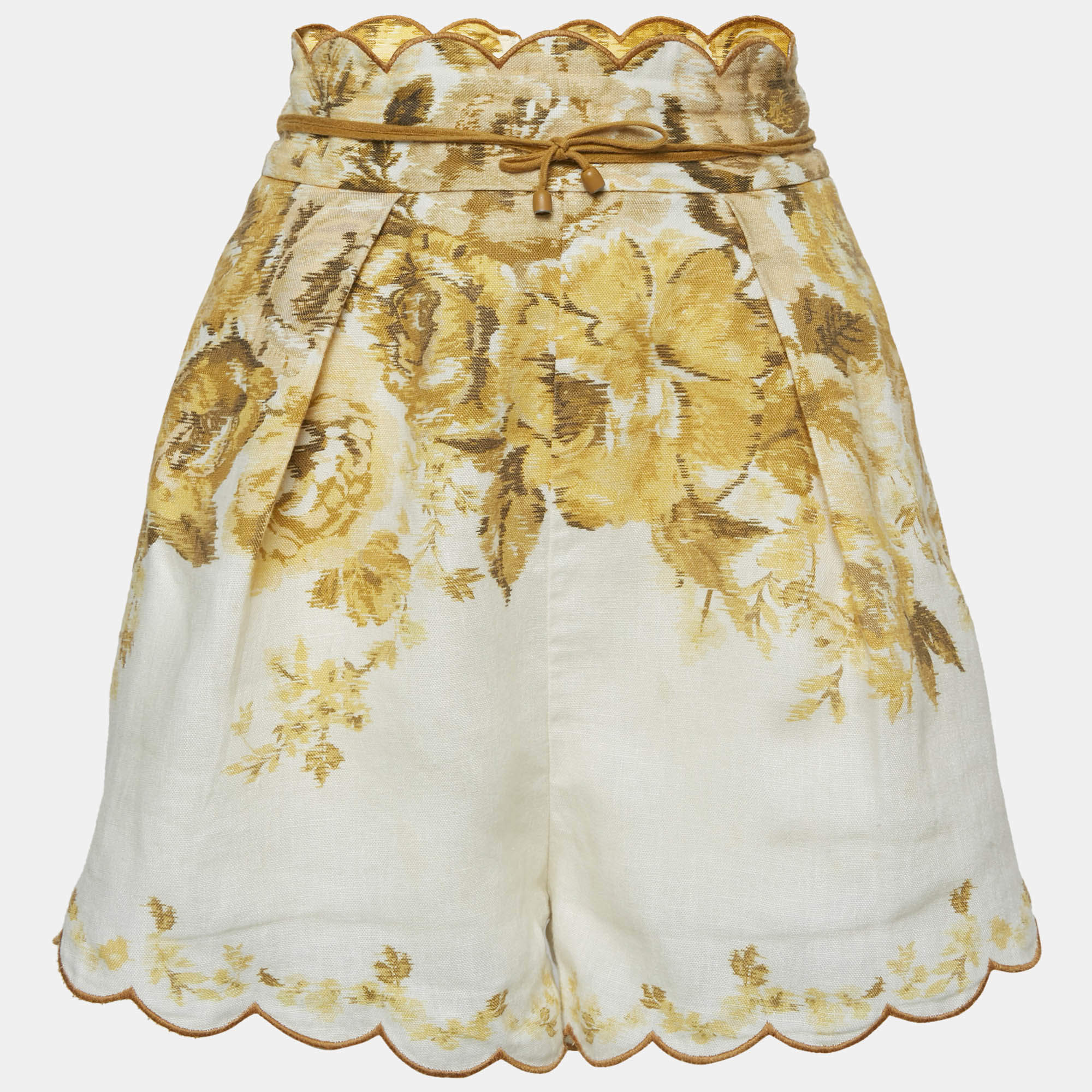 Zimmermann Yellow Floral Print Linen Aliane Scallop Shorts M