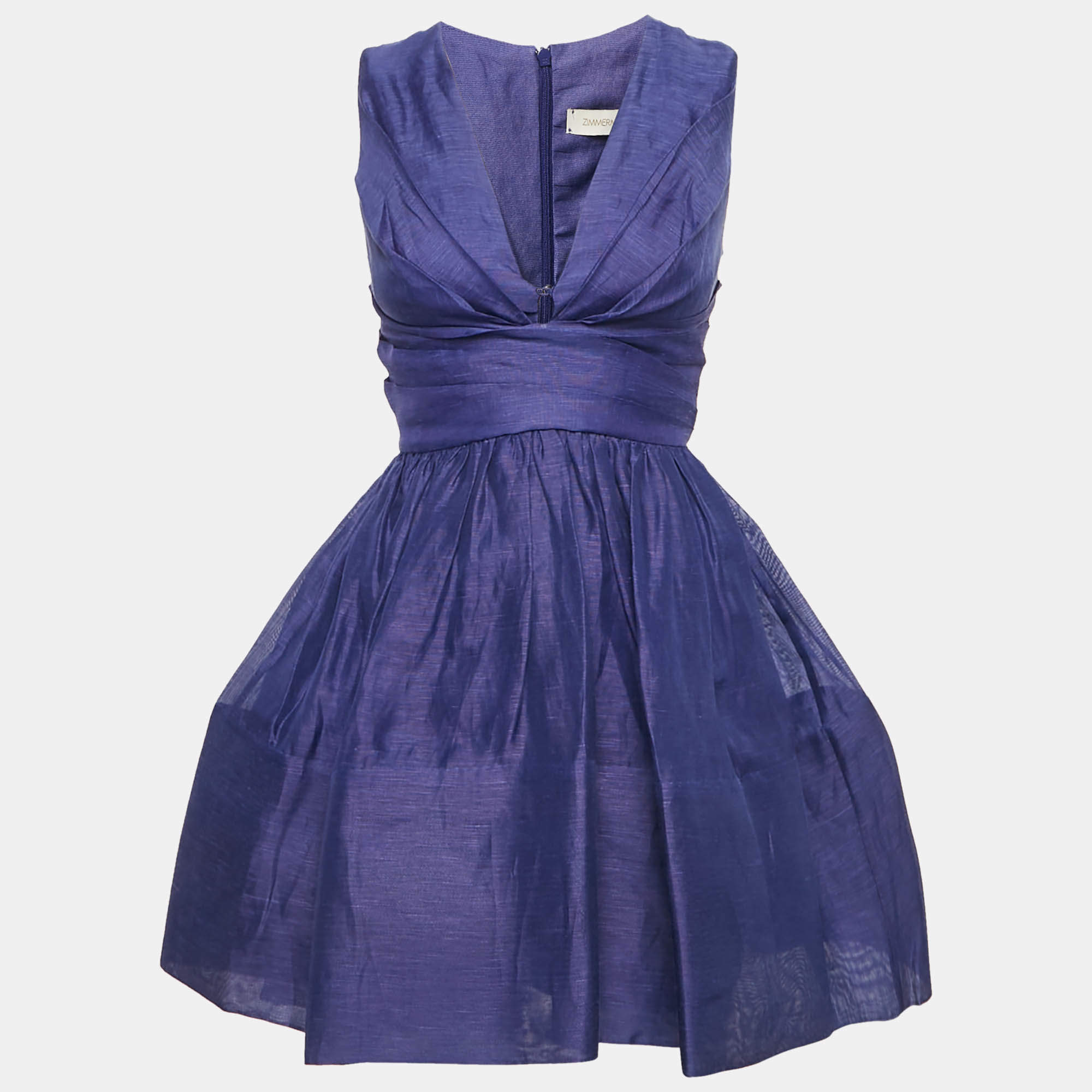 Pre Owned فستان ميني زيمرمان تاما كتان أزرق مخلوط رقبة حرف في مقاس صغير جدًا - إكس سمول