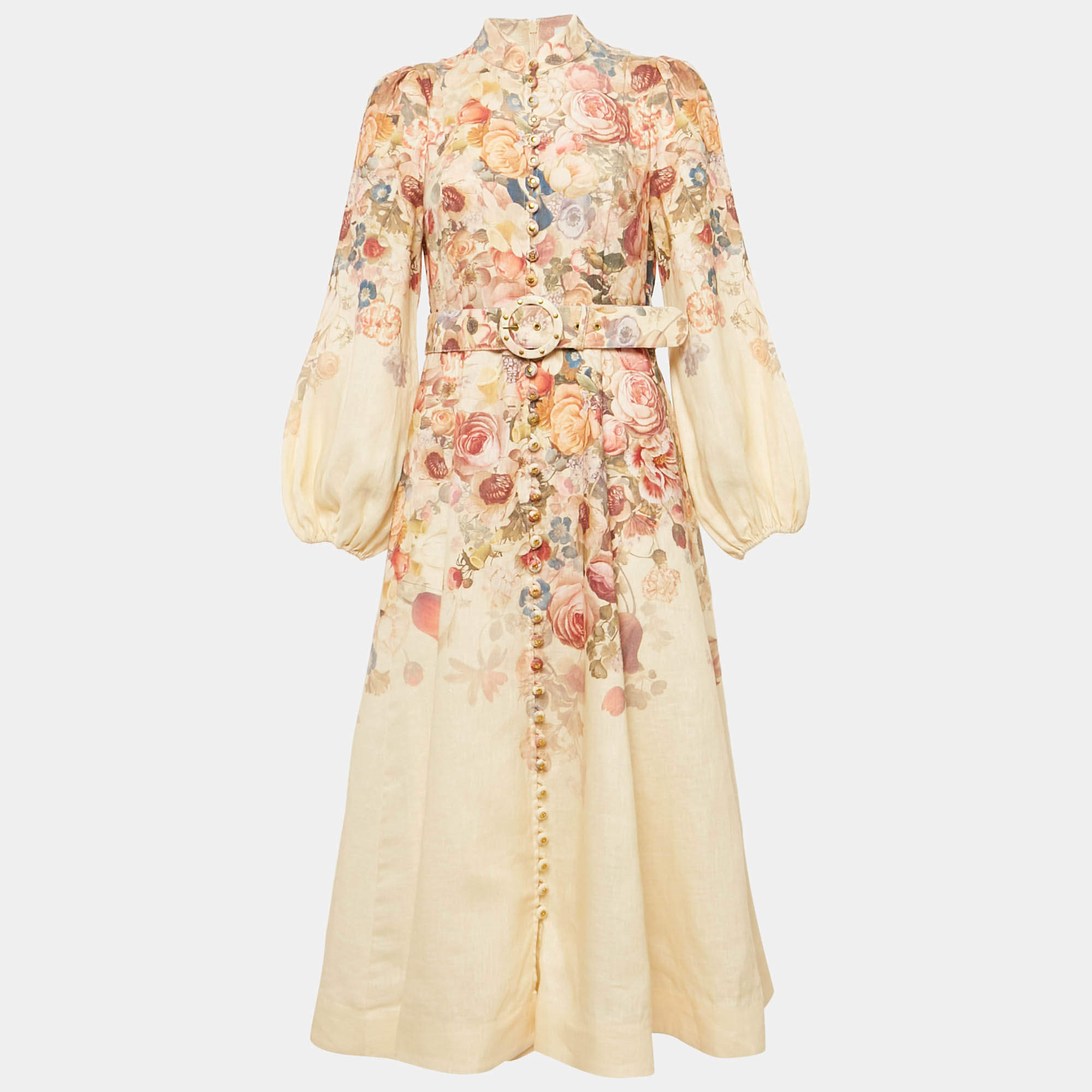 Zimmermann Beige Floral Print Linen Belted Midi Dress M