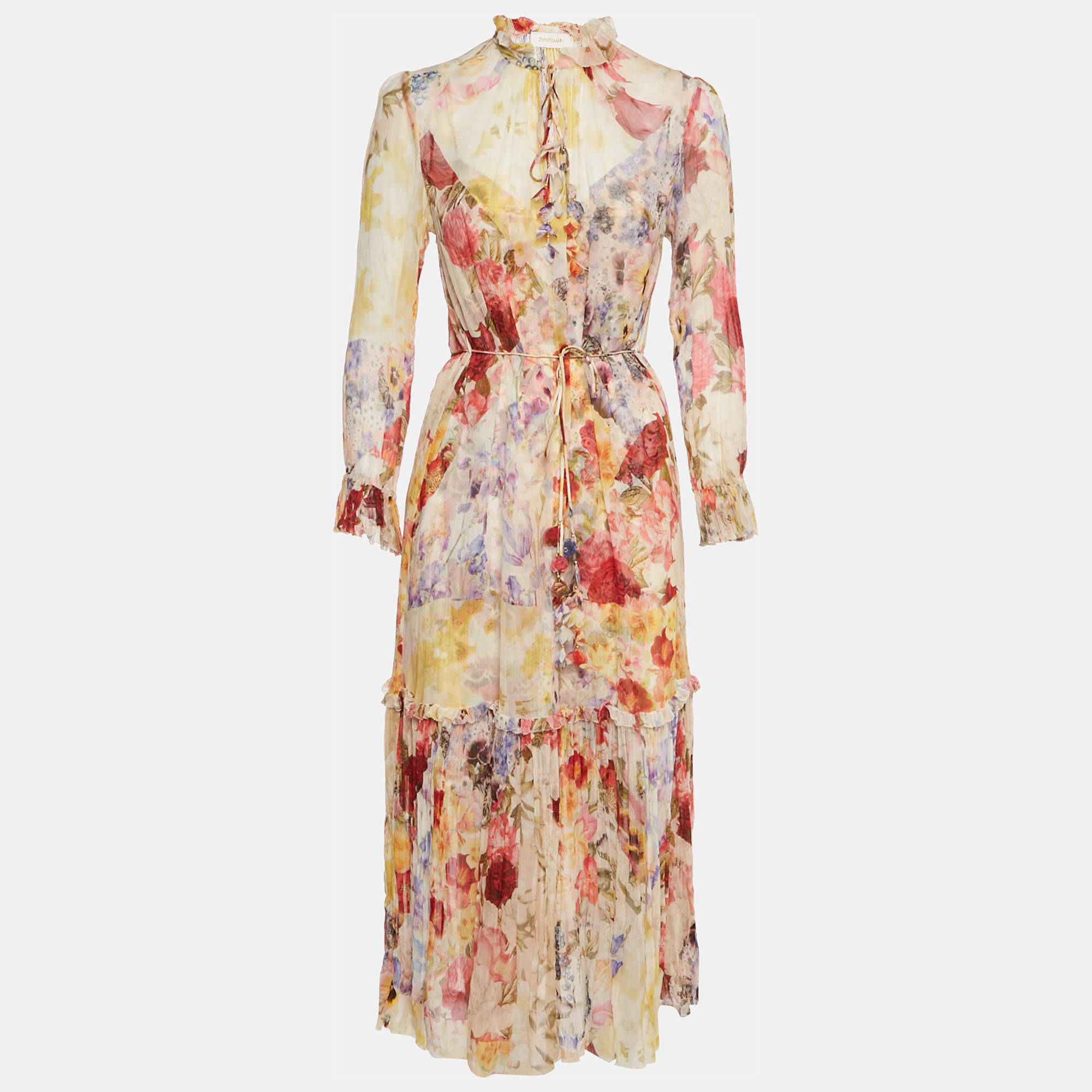 Pre Owned Zimmermann Multicolor Floral Print Silk Belted Wonderland Midi Dress M