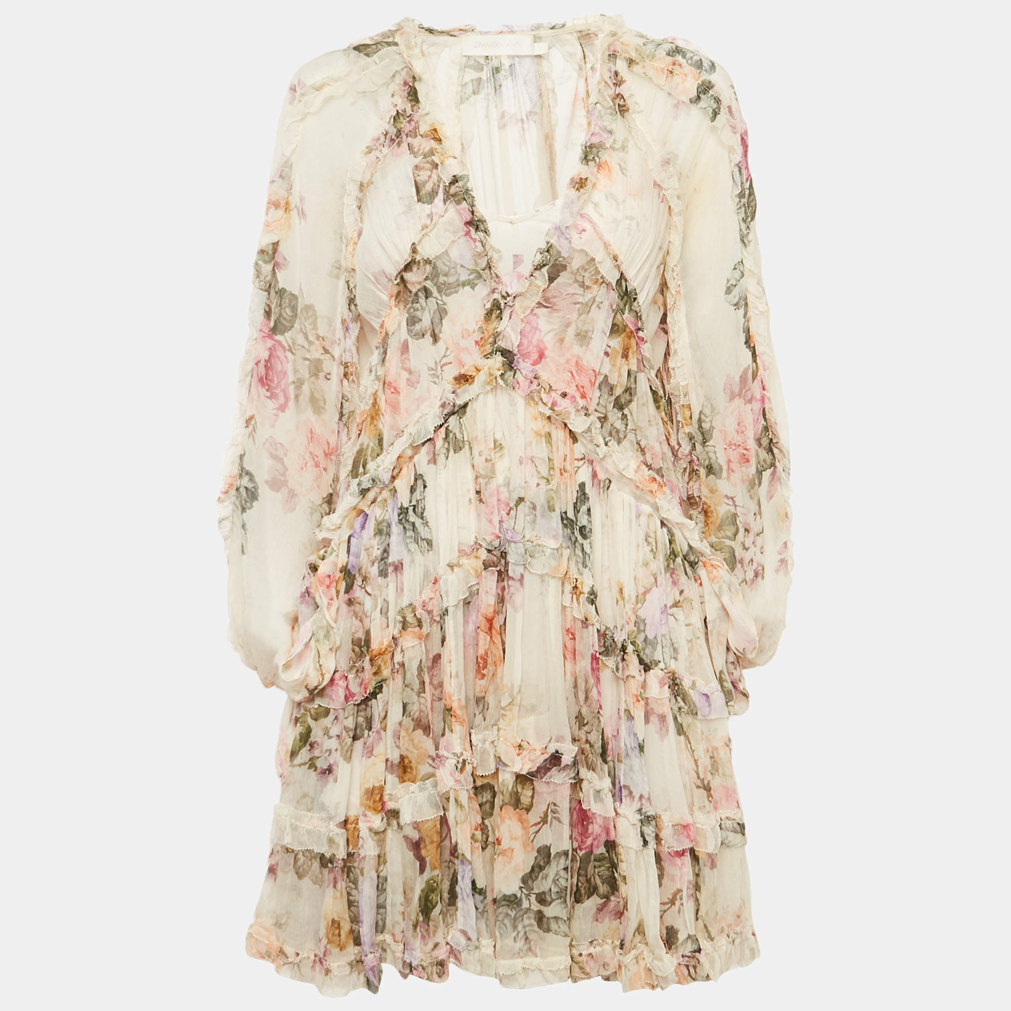 Pre Owned Zimmermann Beige Floral Print Silk Tiered Mini Dress S