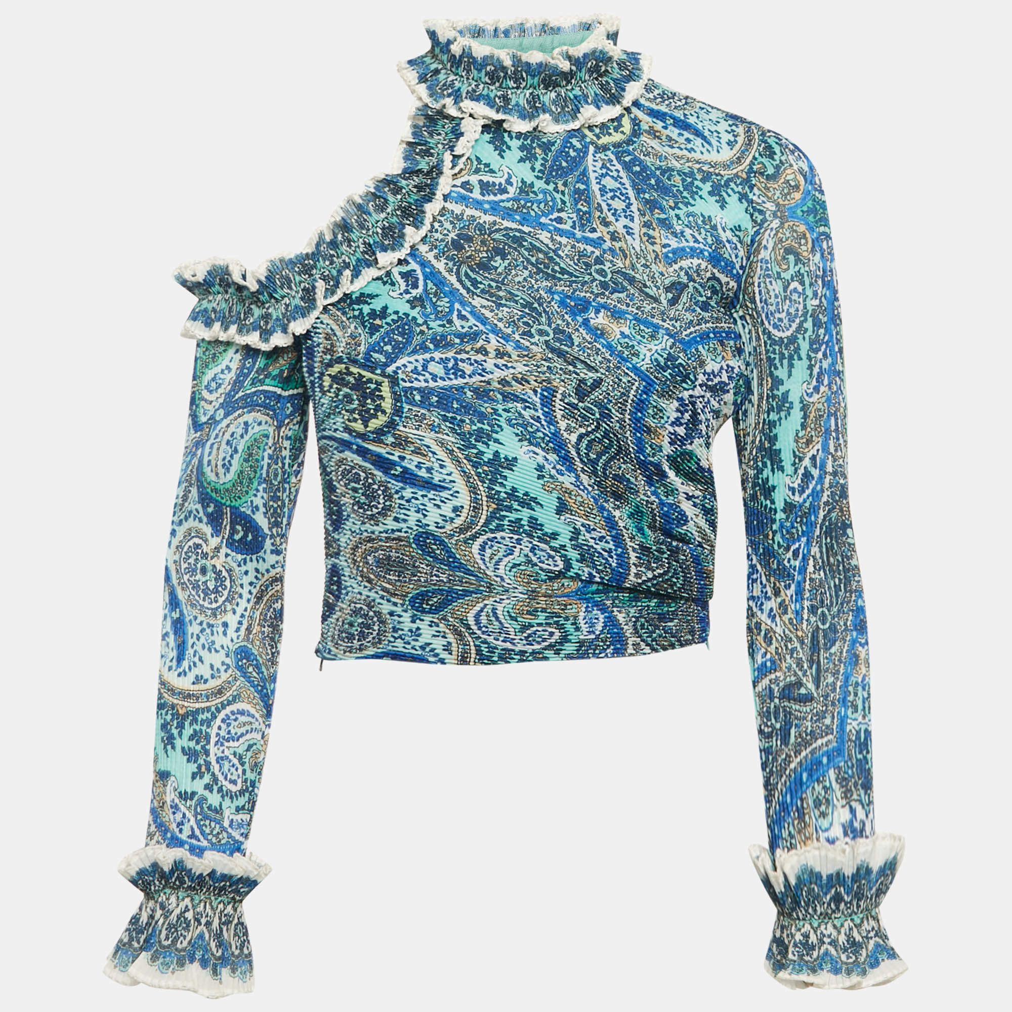 Zimmermann Blue Printed Plisse Ruffled Top S