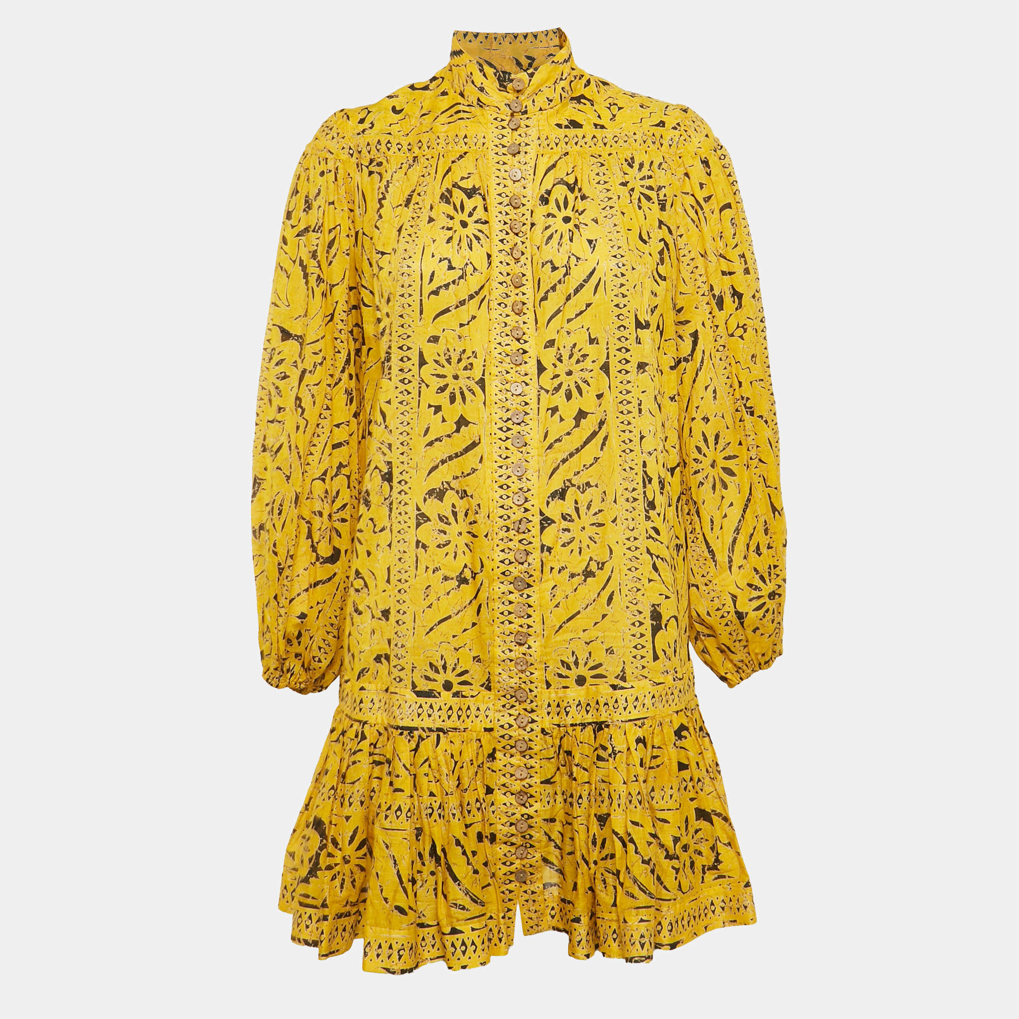 Pre Owned Zimmermann Yellow Printed Cotton Flounce Mini Dress XS