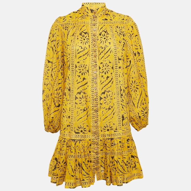 Zimmermann Yellow Printed Cotton Flounce Mini Dress XS