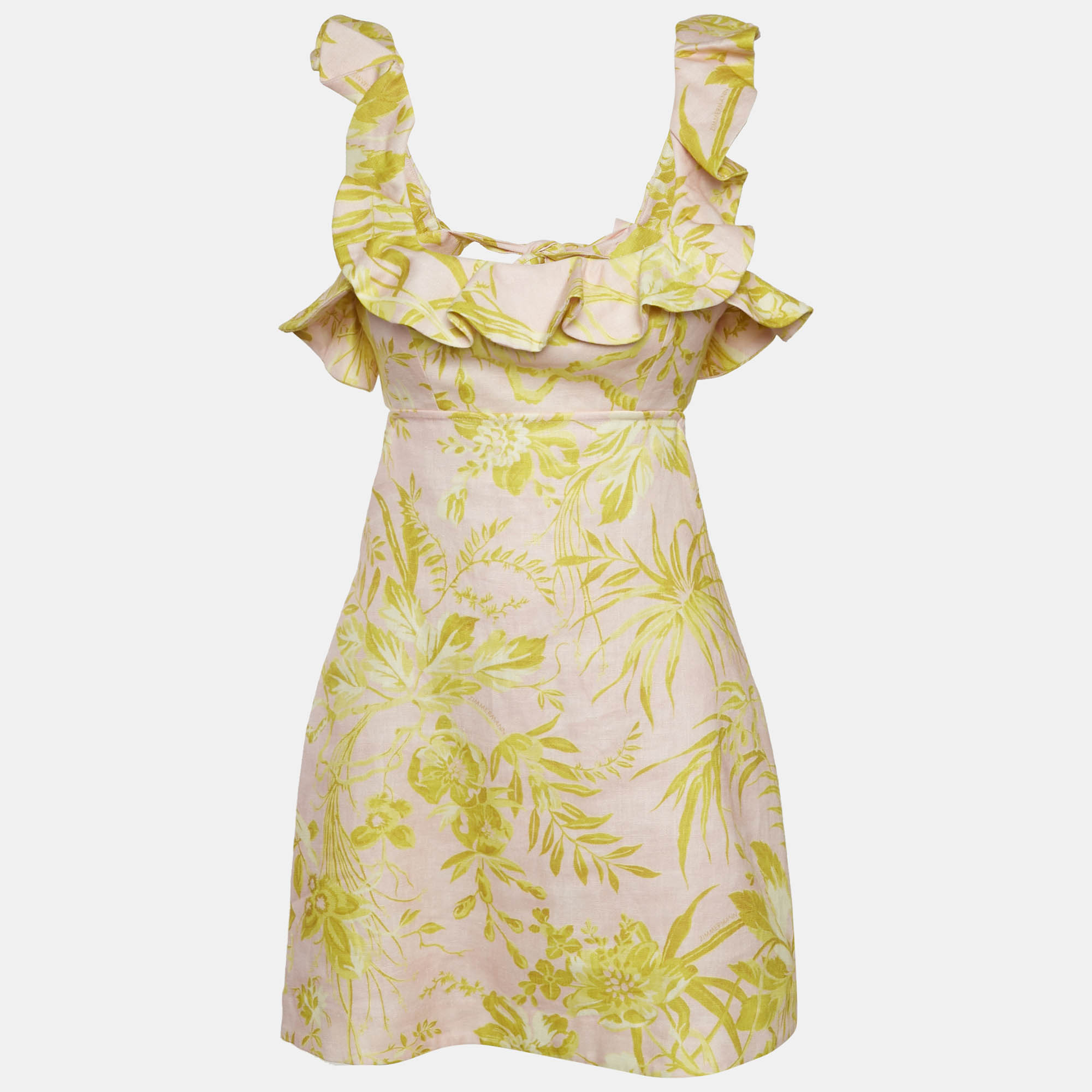 Zimmermann Pink/Yellow Printed Linen Ruffled Cut-Out Mini Dress M