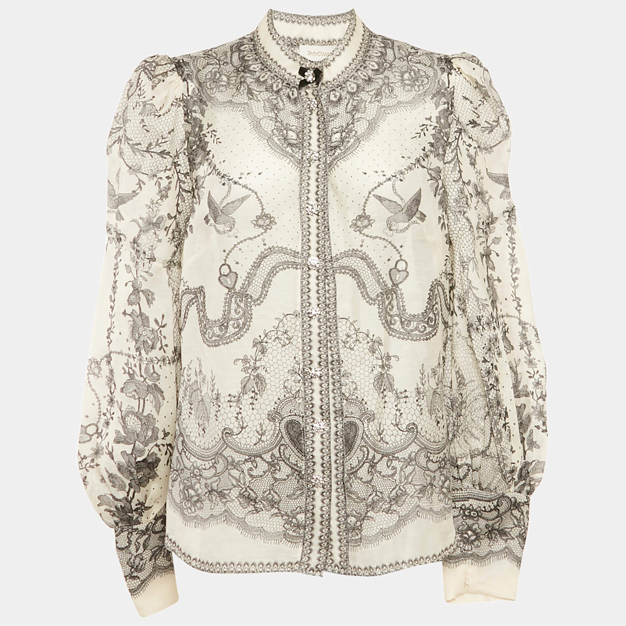 Zimmermann Off-Linen Printed Linen and Silk Button Front Blouse XL