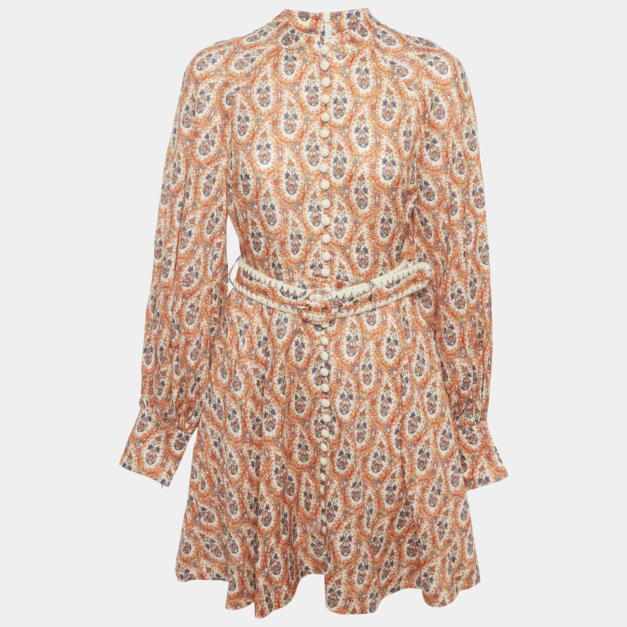 Zimmermann Orange Floral Print Linen Belted Mini Dress M