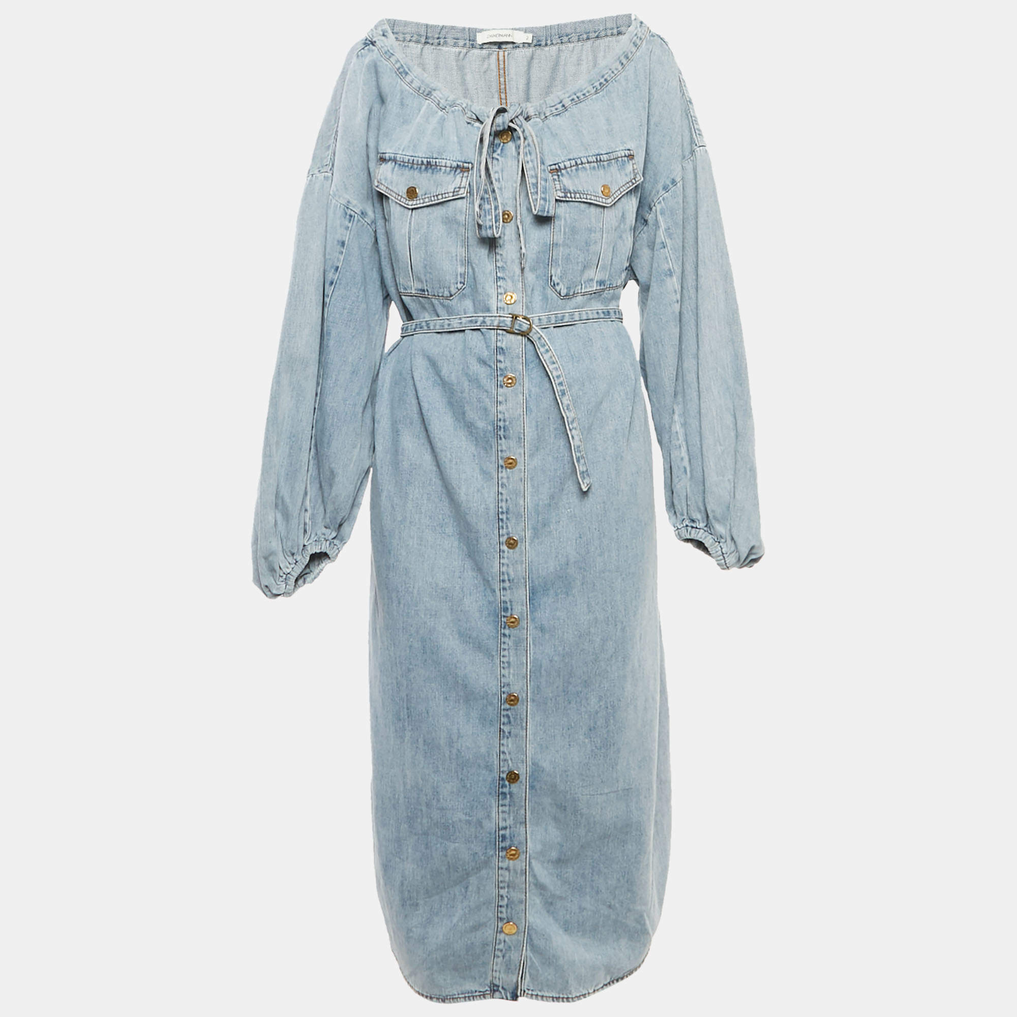 Pre Owned Zimmermann Light Blue Washed Denim Off Shoulder Belted Midi Dress M