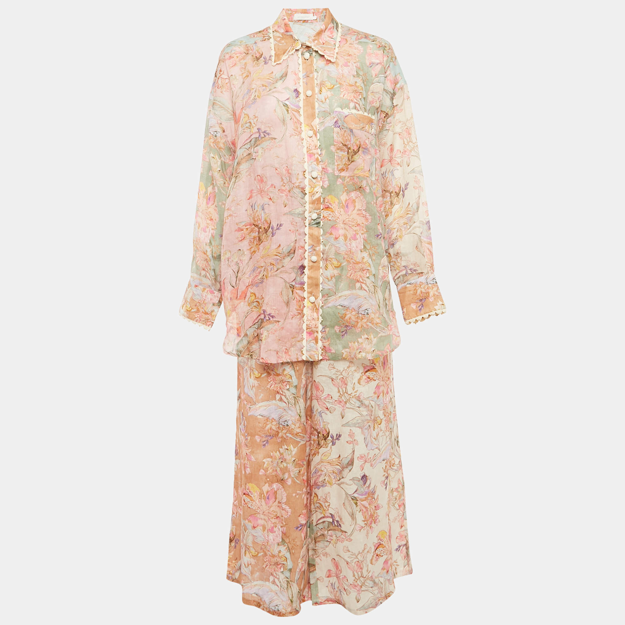 Pre Owned Zimmermann Multicolor Floral Printed Ramie & Linen Shirt & Pants Set L