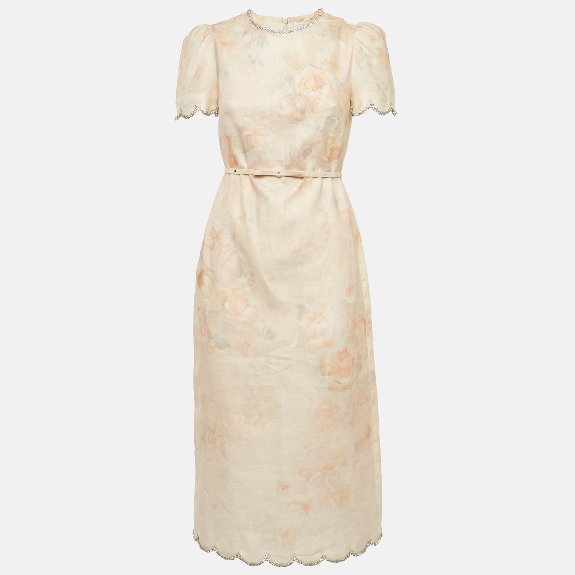 Zimmermann Pink Rose Print Linen Crystal Embellished Midi Dress XS
