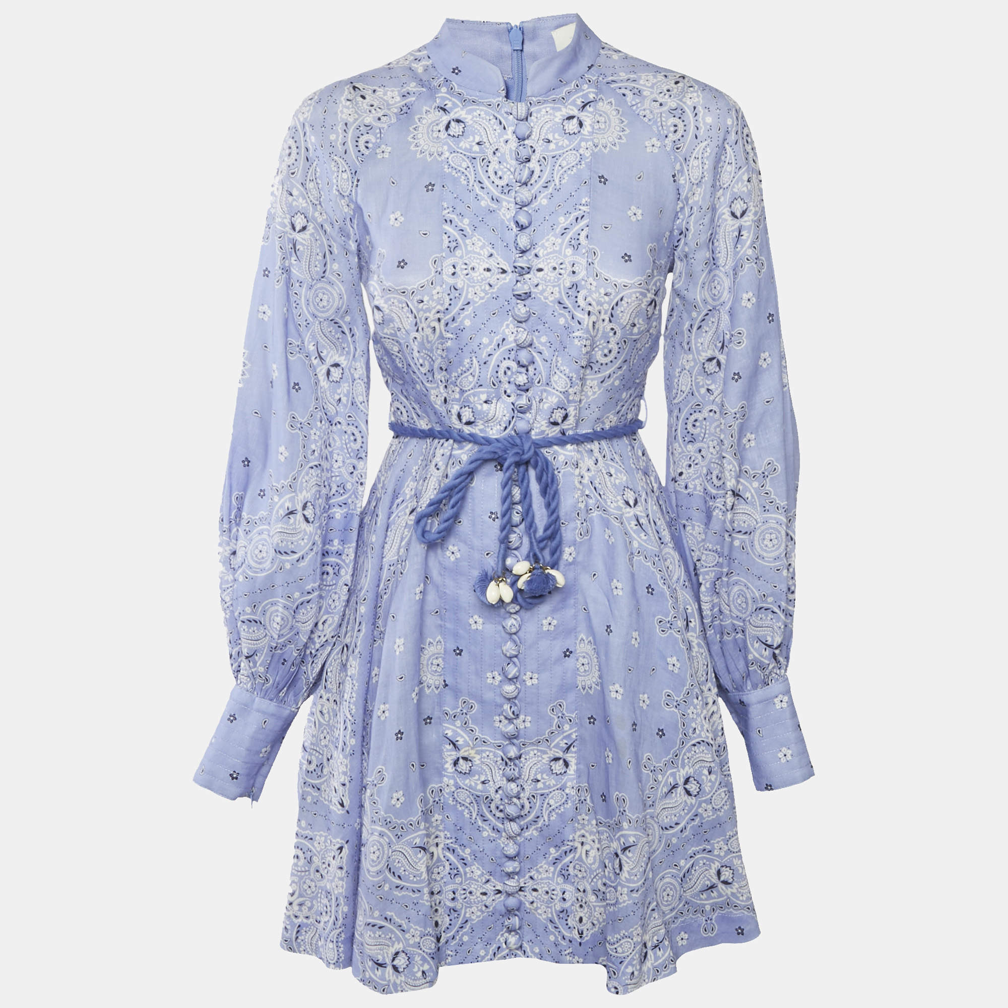 Pre Owned Zimmermann Purple Printed Linen Belted Mini Dress S