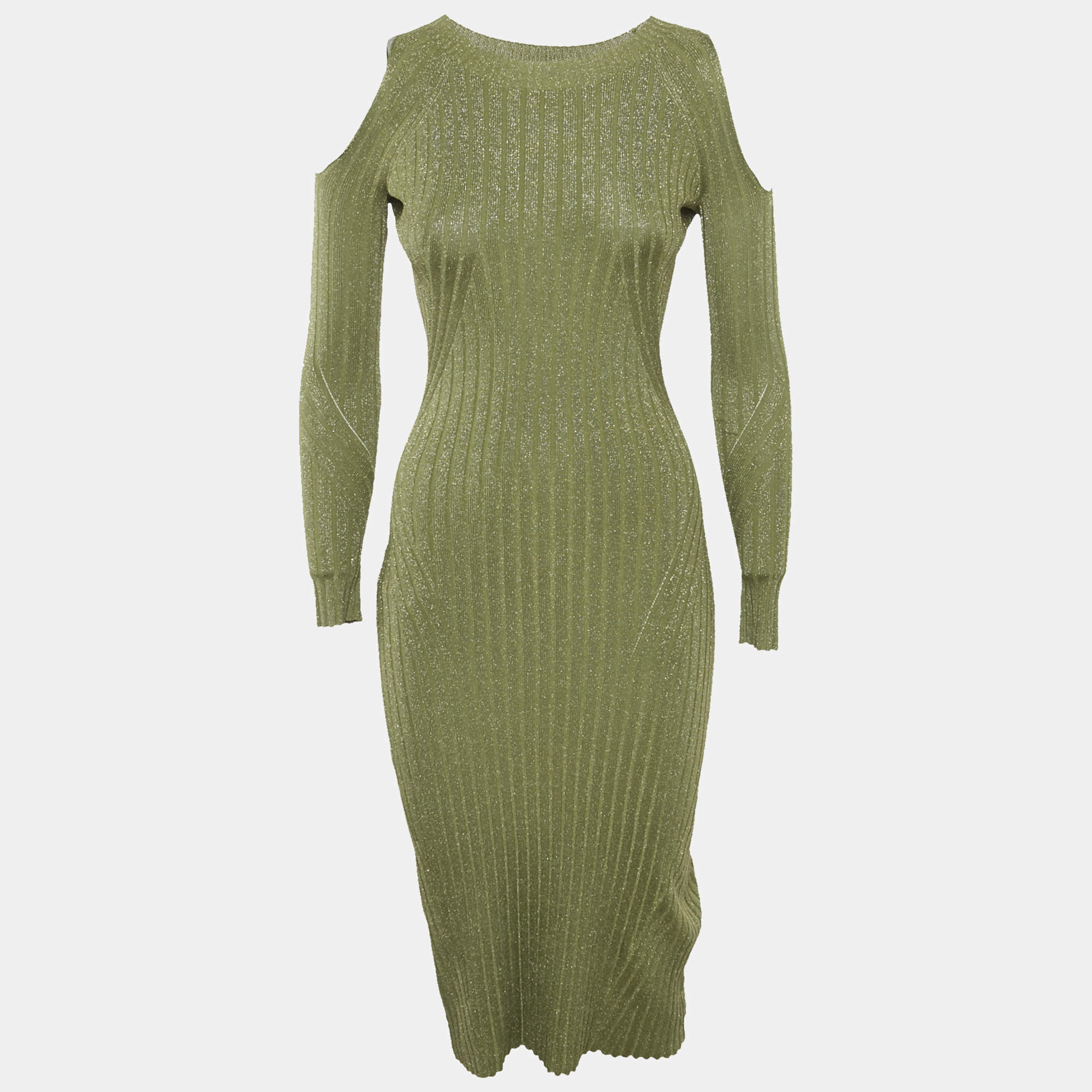 Pre Owned Zimmermann Green Lurex Knit Cold Shoulder Bodycon Dress XS