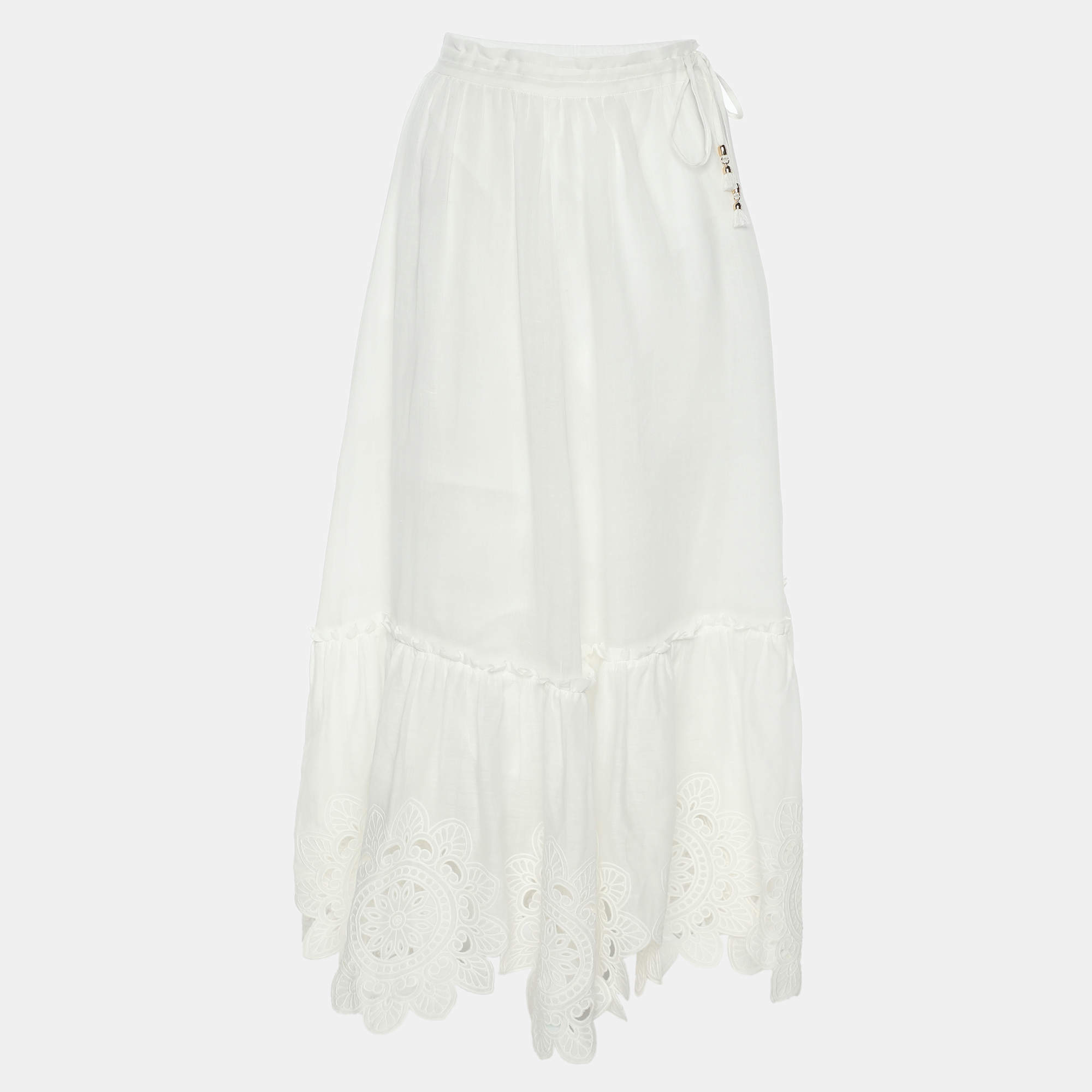 Zimmermann White Ramie Floral Lace Maxi Skirt XS