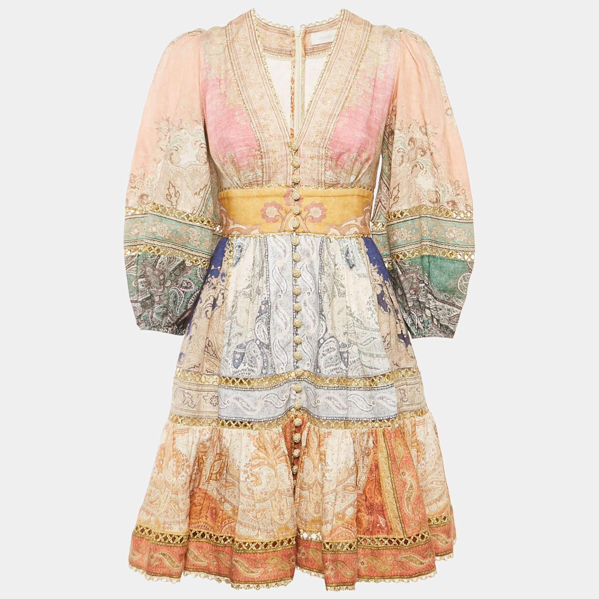 Pre Owned Zimmermann Multicolor Printed Linen Lace Trimmed Mini Dress S