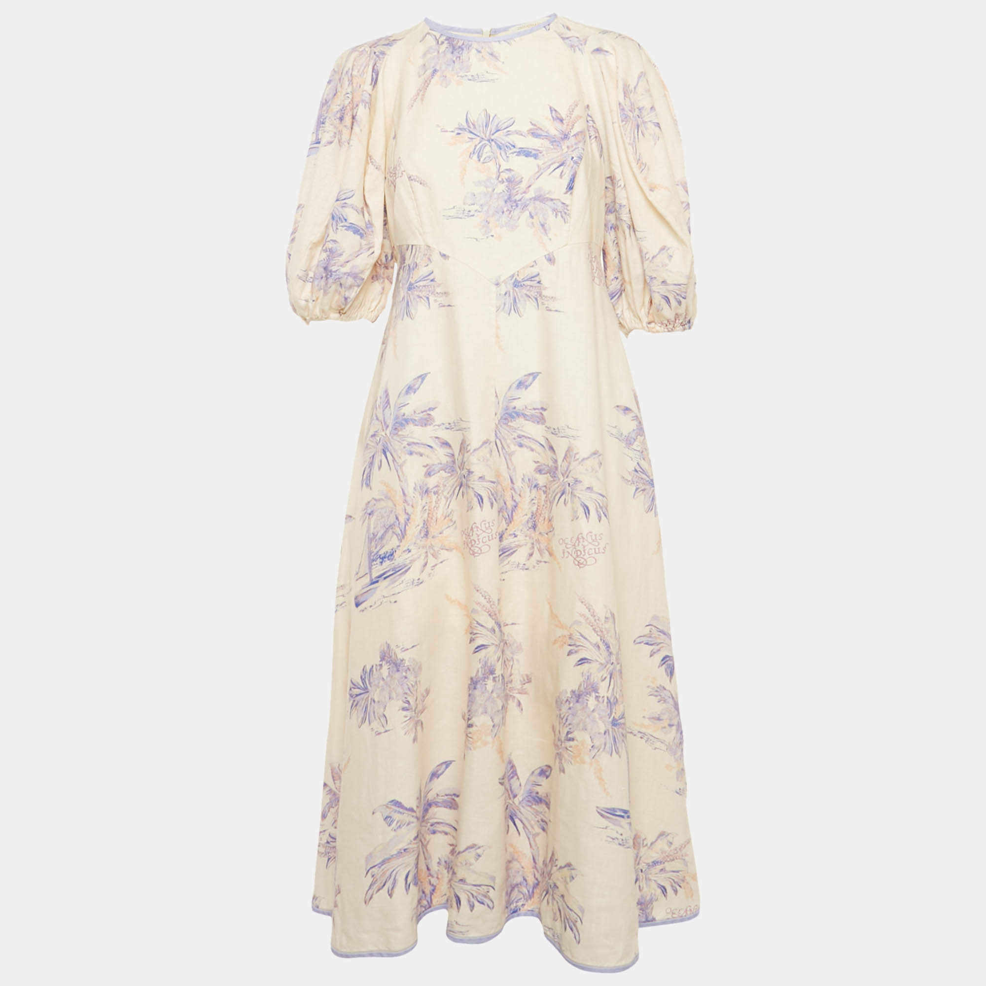 Pre Owned Zimmermann Cream/Purple Floral Print Linen Puff Sleeve Midi Dress L