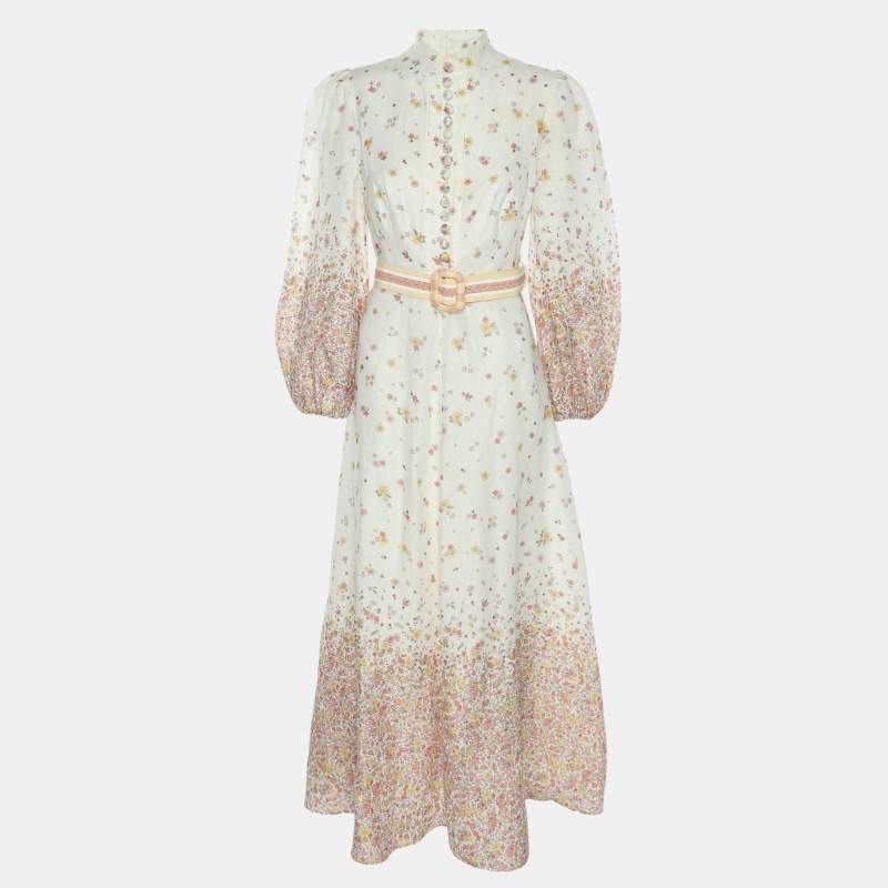 Pre Owned Zimmermann White Floral Printed Linen Carnaby Long Dress S