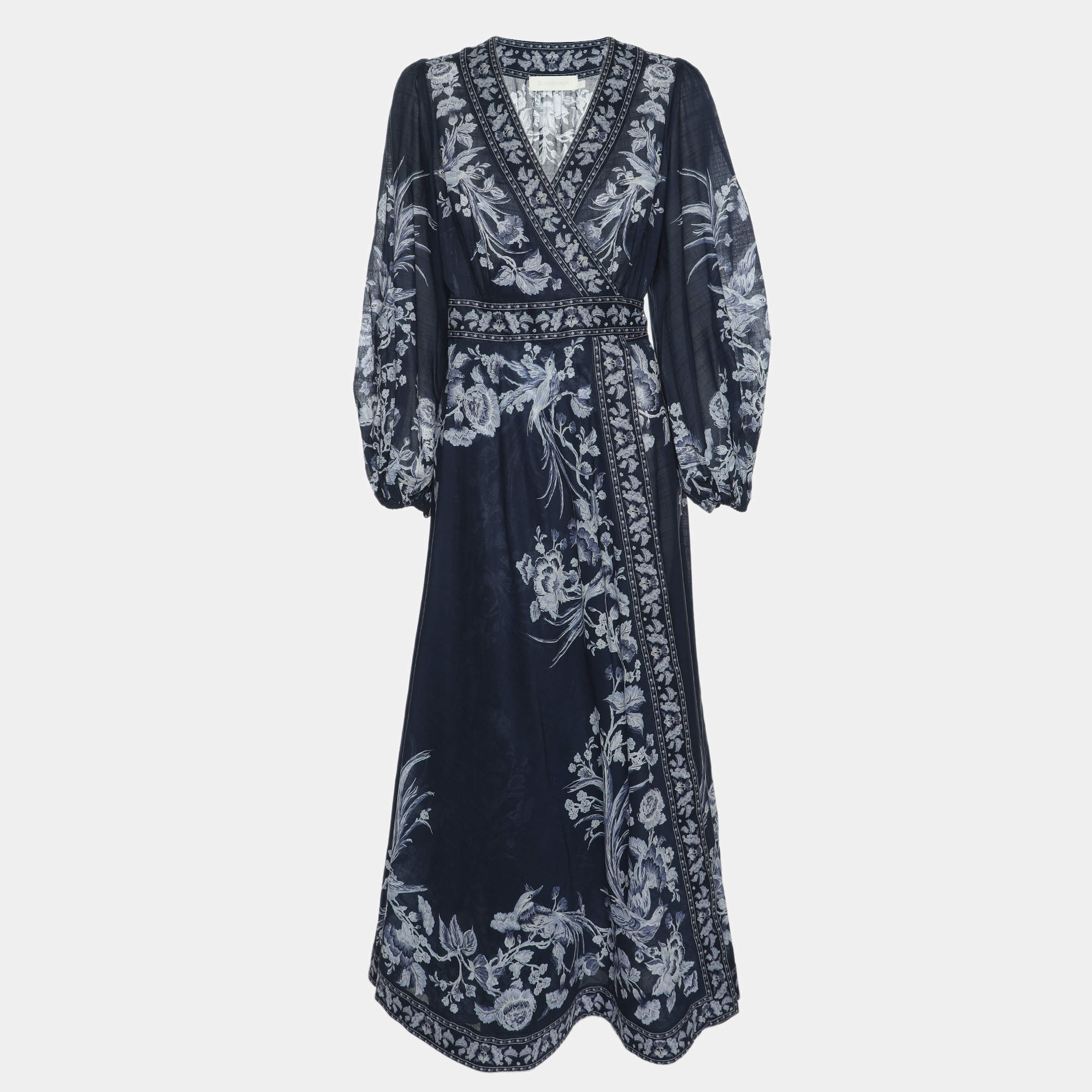 Pre Owned Zimmermann Blue Printed Cotton Wrap Dress S