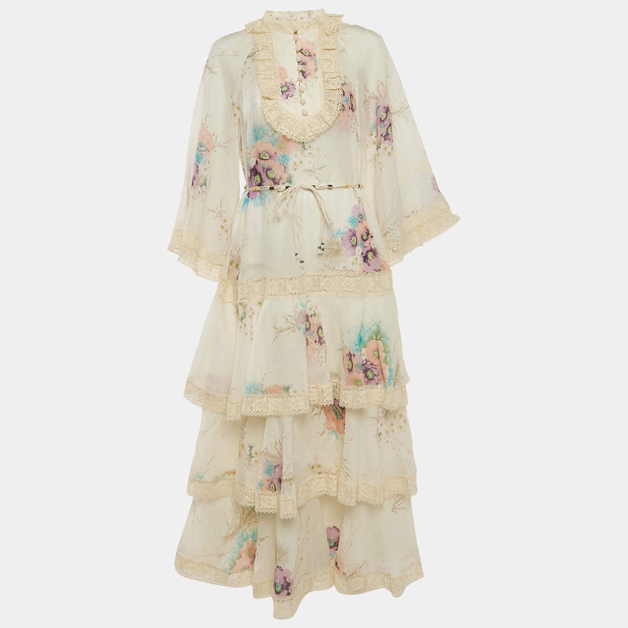 Pre Owned Zimmermann Off-White Floral Print Ramie Tiered Midi Dress L