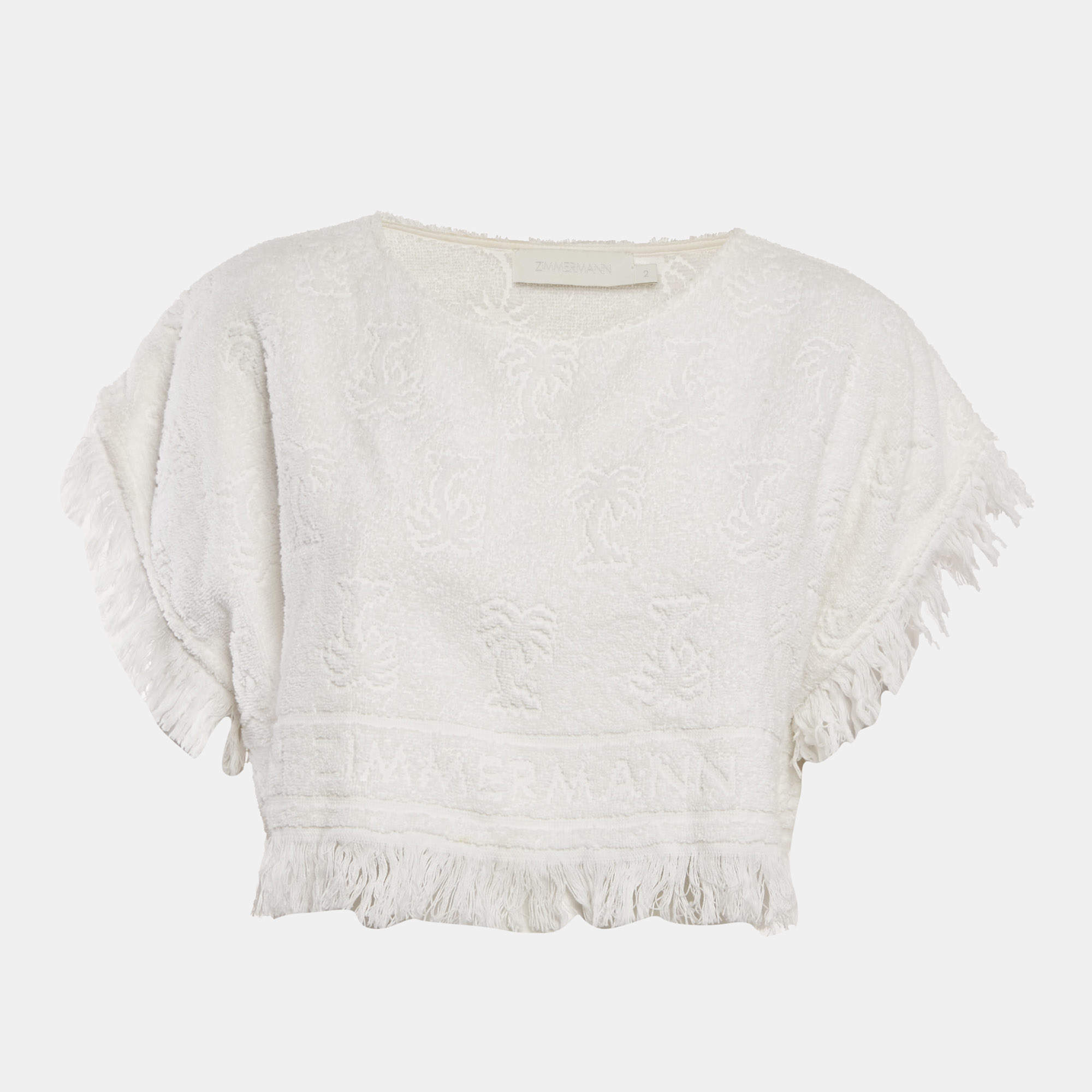 Pre Owned Zimmermann White Palm Tree Terry Cotton Fringed Crop Top M