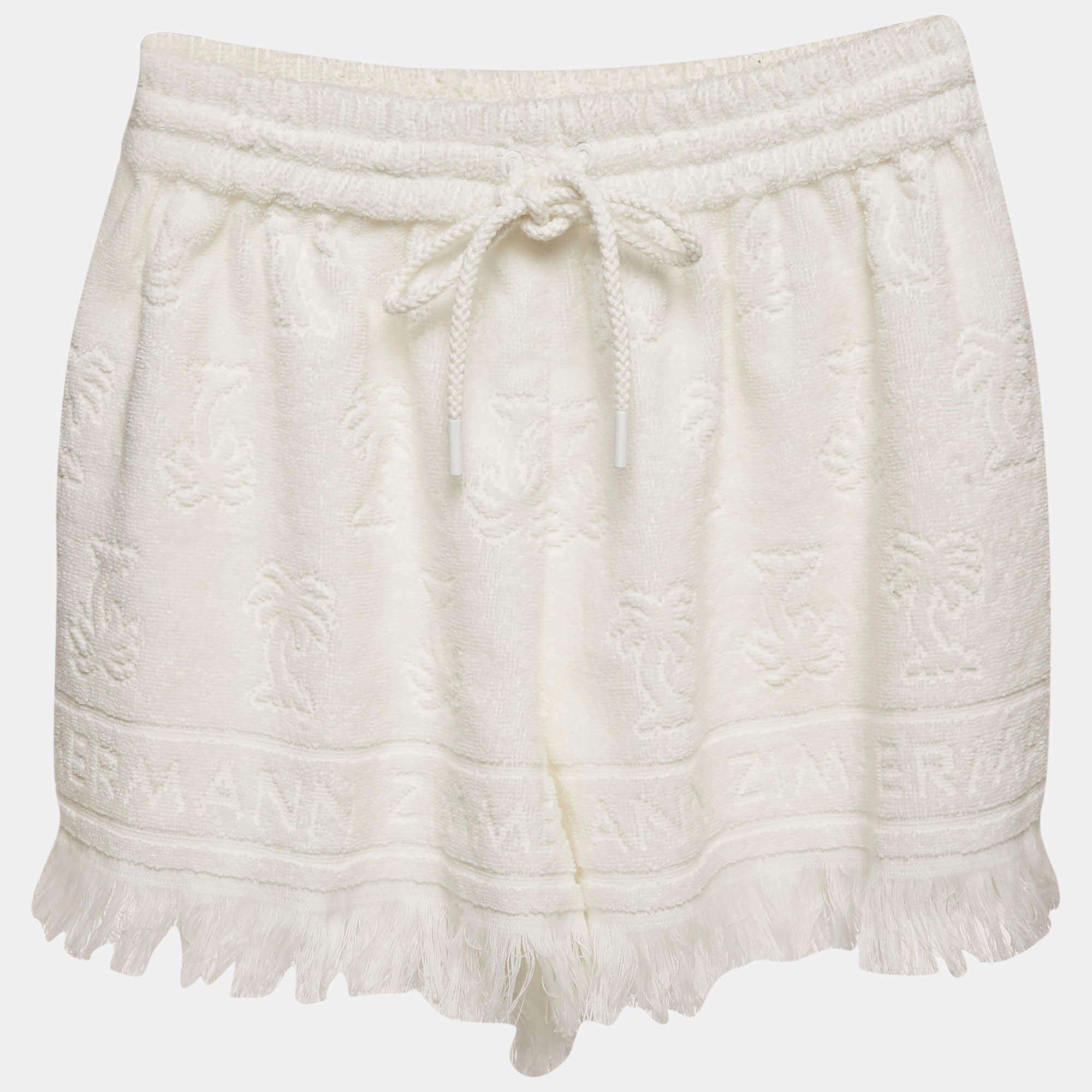 Pre Owned Zimmermann White White Palm Tree Terry Cotton Fringed Shorts M